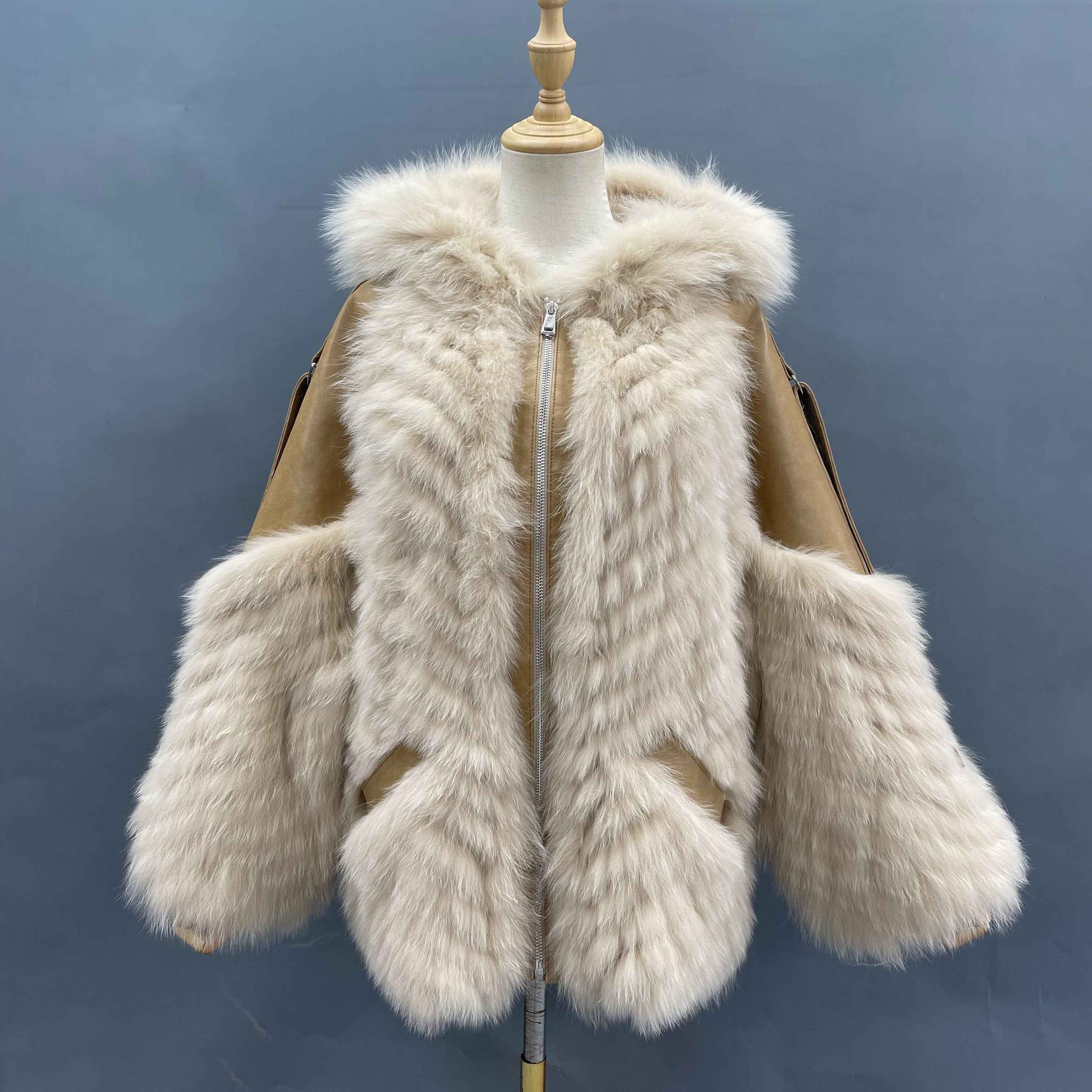 Women's Luxury Fox Fur Hooded Jacket - Leather Patchwork & Zipper Closure Relaxed Fit Winter Fashion Outerwear