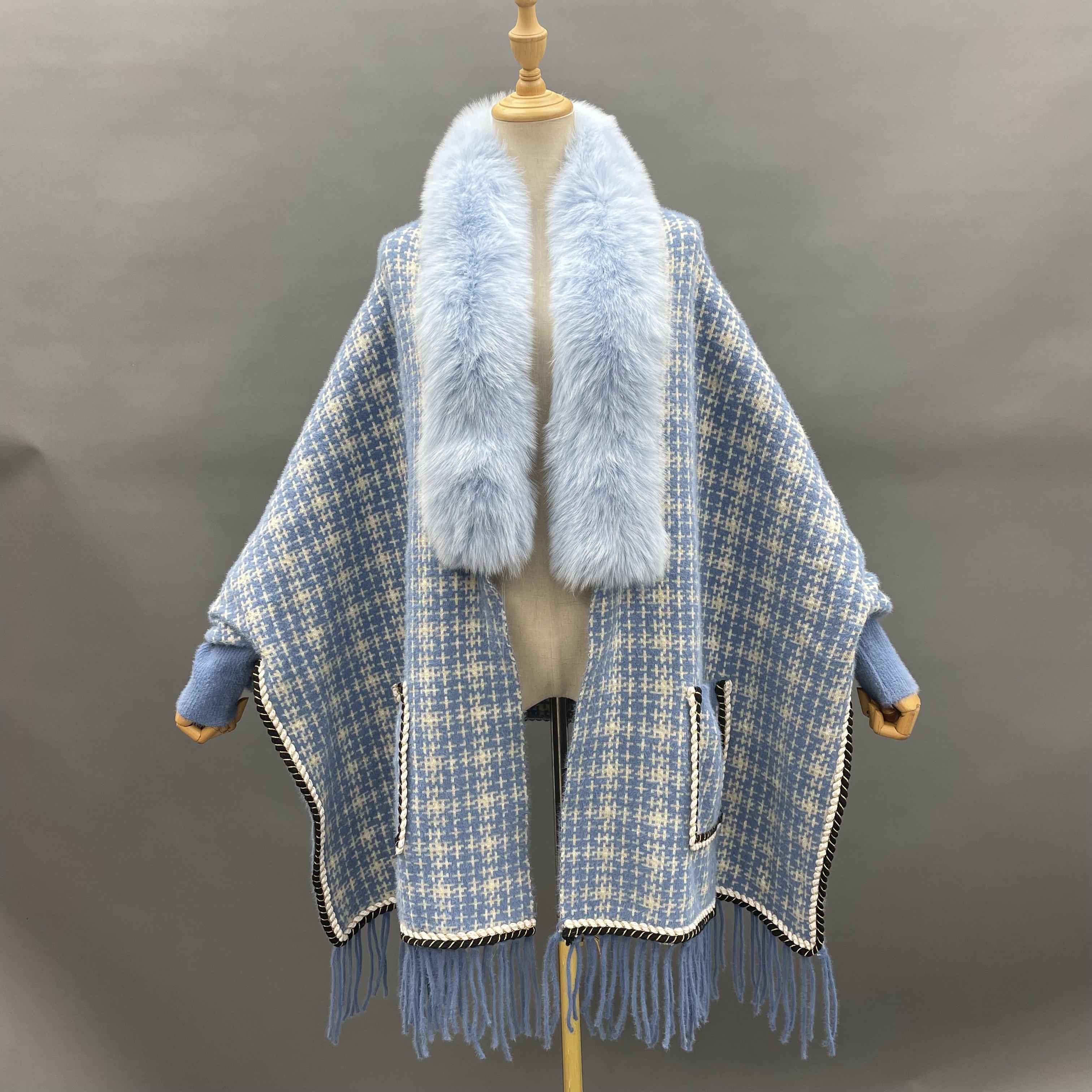 Women's Luxurious Chanel-Style Tweed Check Shawl Cardigan with Fox Fur Collar, Ribbed Cuffs & Fringe Detail - Winter Fashion Outerwear 4#Light Blue F