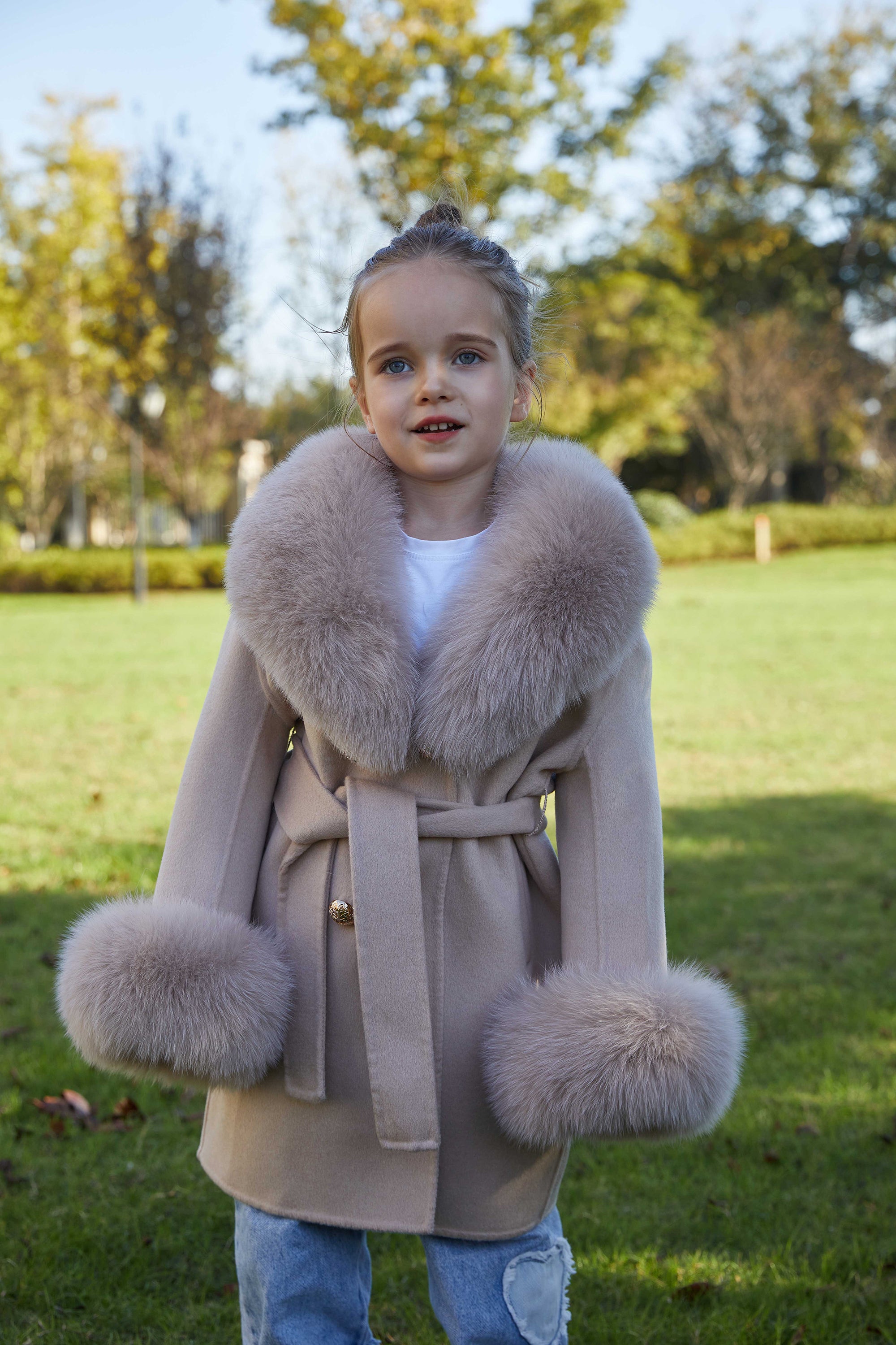 European Style Long Double Side Real Fur Shawl Collar Cashmere Wool Fur Children Coat