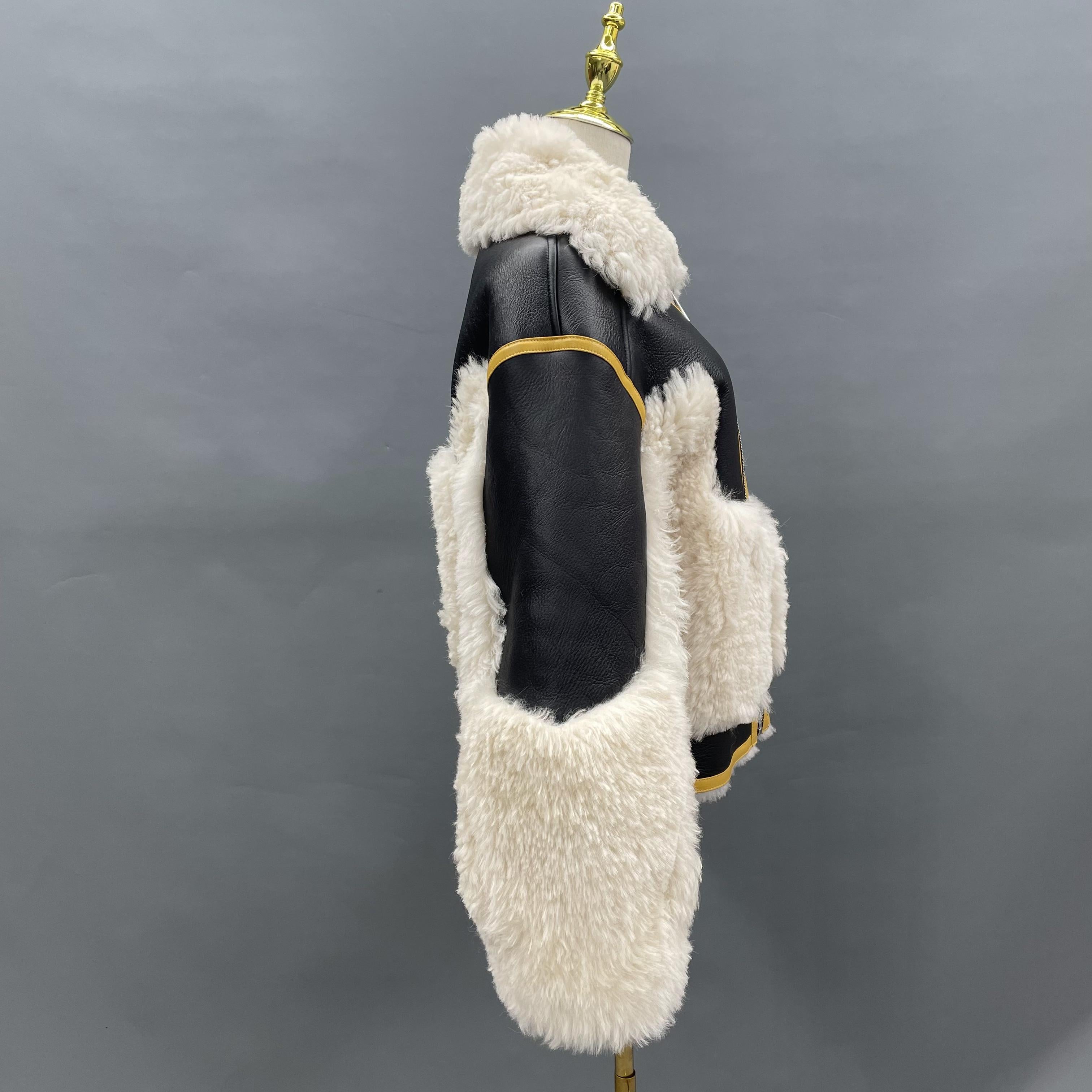 Women's Short Shearling Jacket with Bazaar-Style Notched Lapel, Black & Yellow Contrast & Zipper Front - Edgy Winter Outerwear