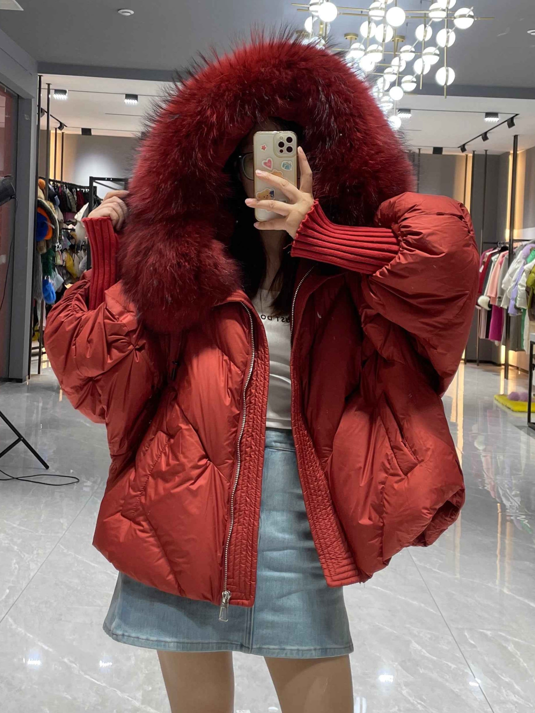 Women's Puffer Down Jacket with Raccoon Fur Trimmed Hood and Elastic - Extended Sleeves