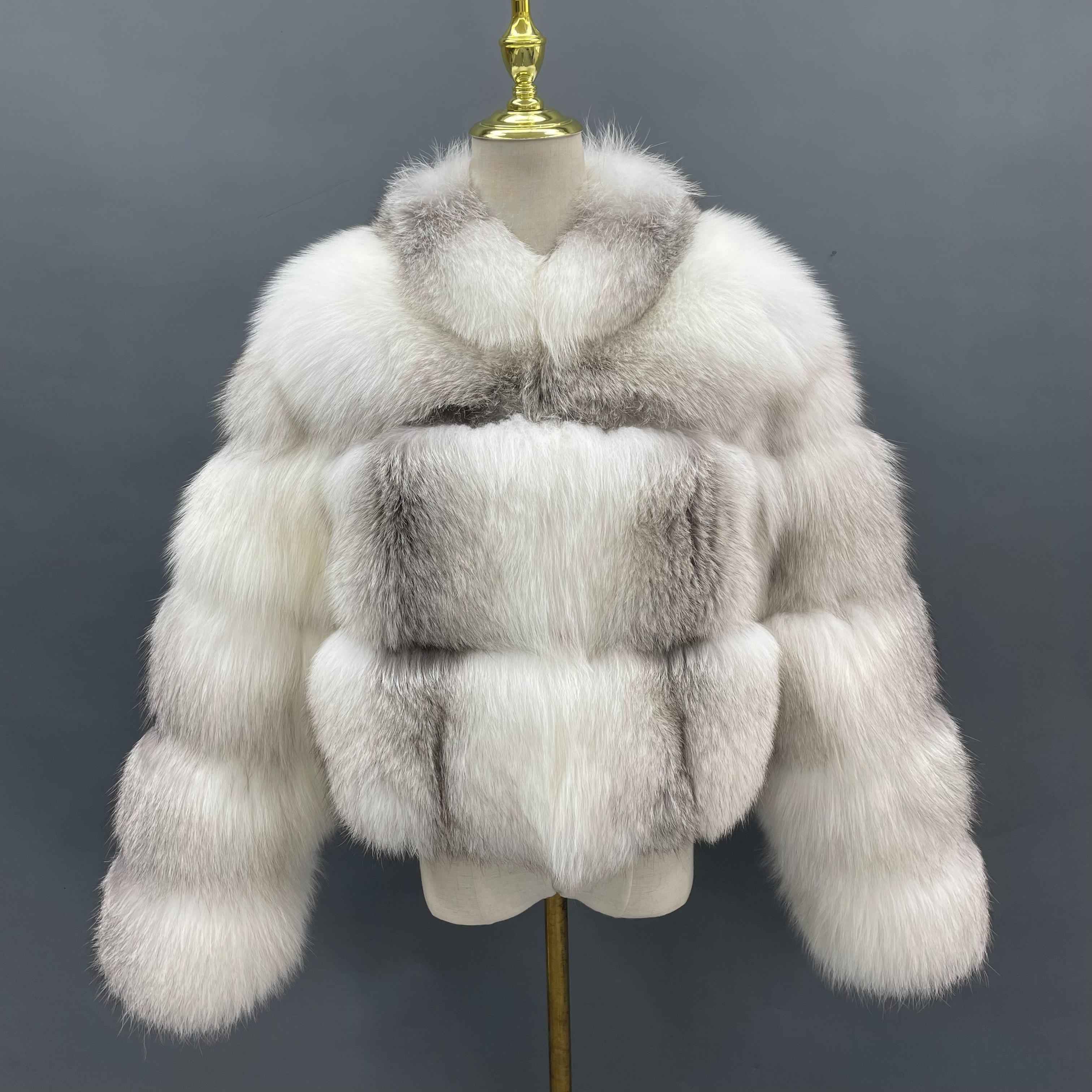 Women’s Stand Collar Fox Fur Jacket with Five-Section Sleeves – Elegant Short Coat in Cream and Brown for Luxury Winter Fashion Sliver