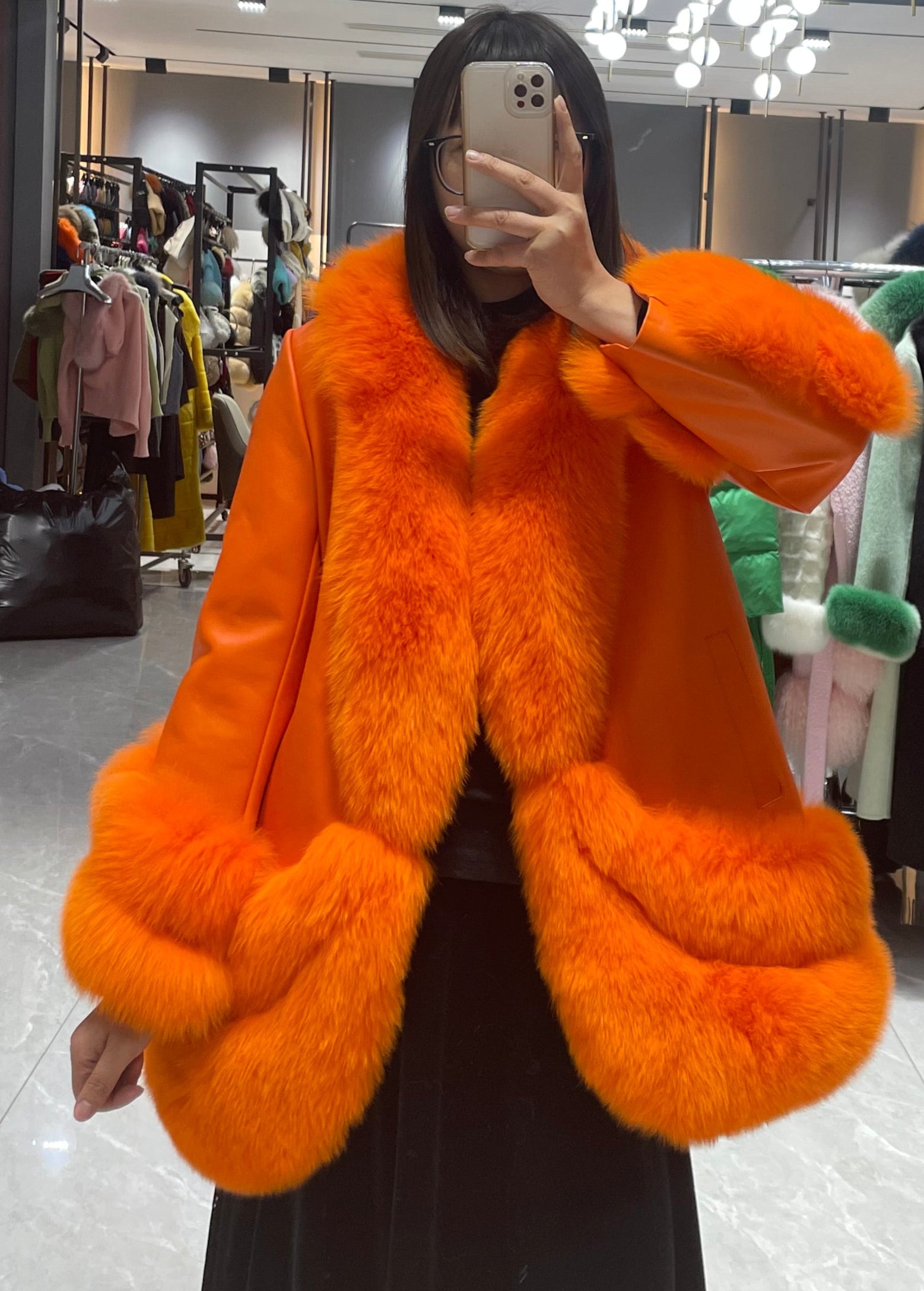Women's Patchwork Leather Down Jacket with Fox Fur Trim
