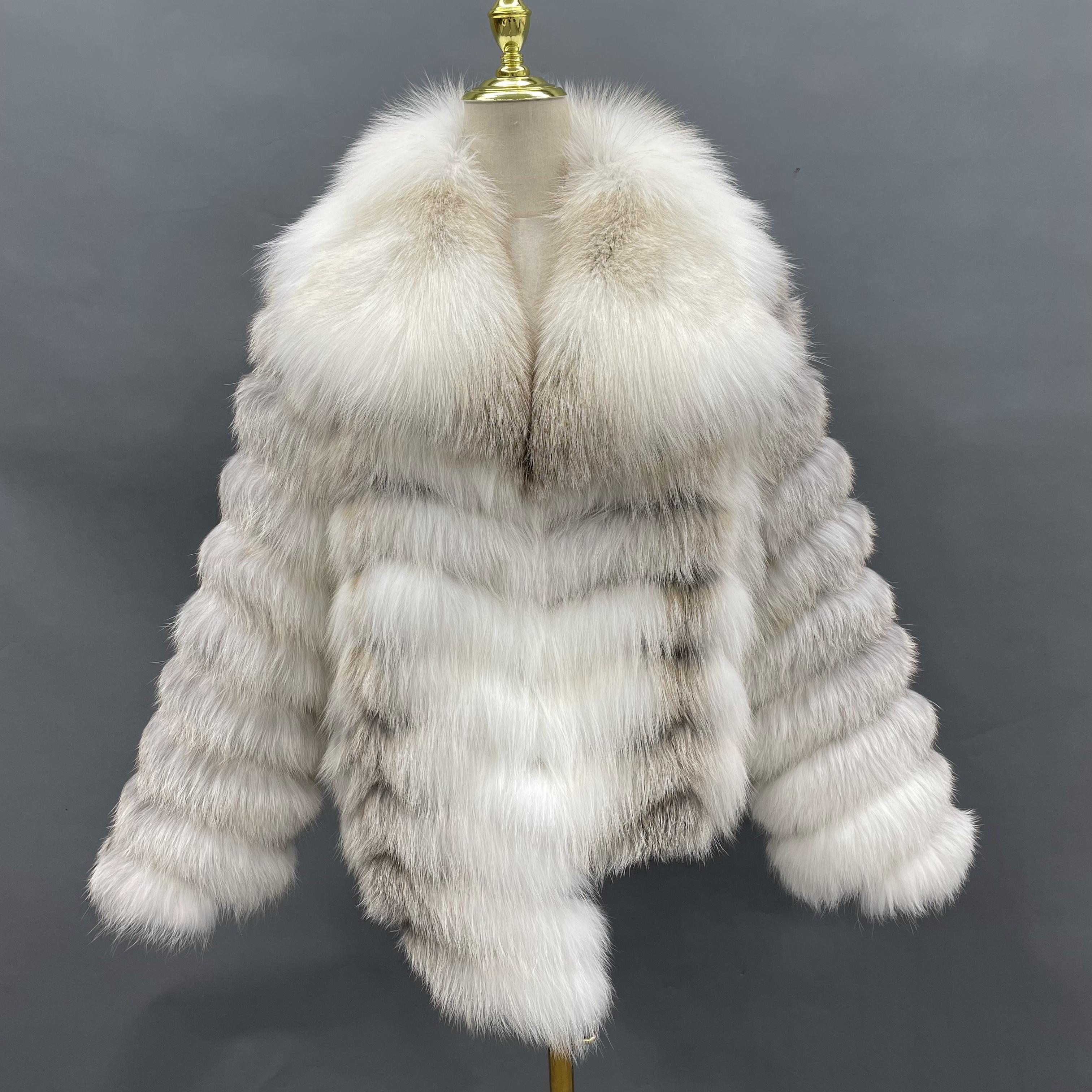Real Fox Fur Jacket for Women – Short Length, Carved Stripe Design, Large Collar Winter Outerwear 2
