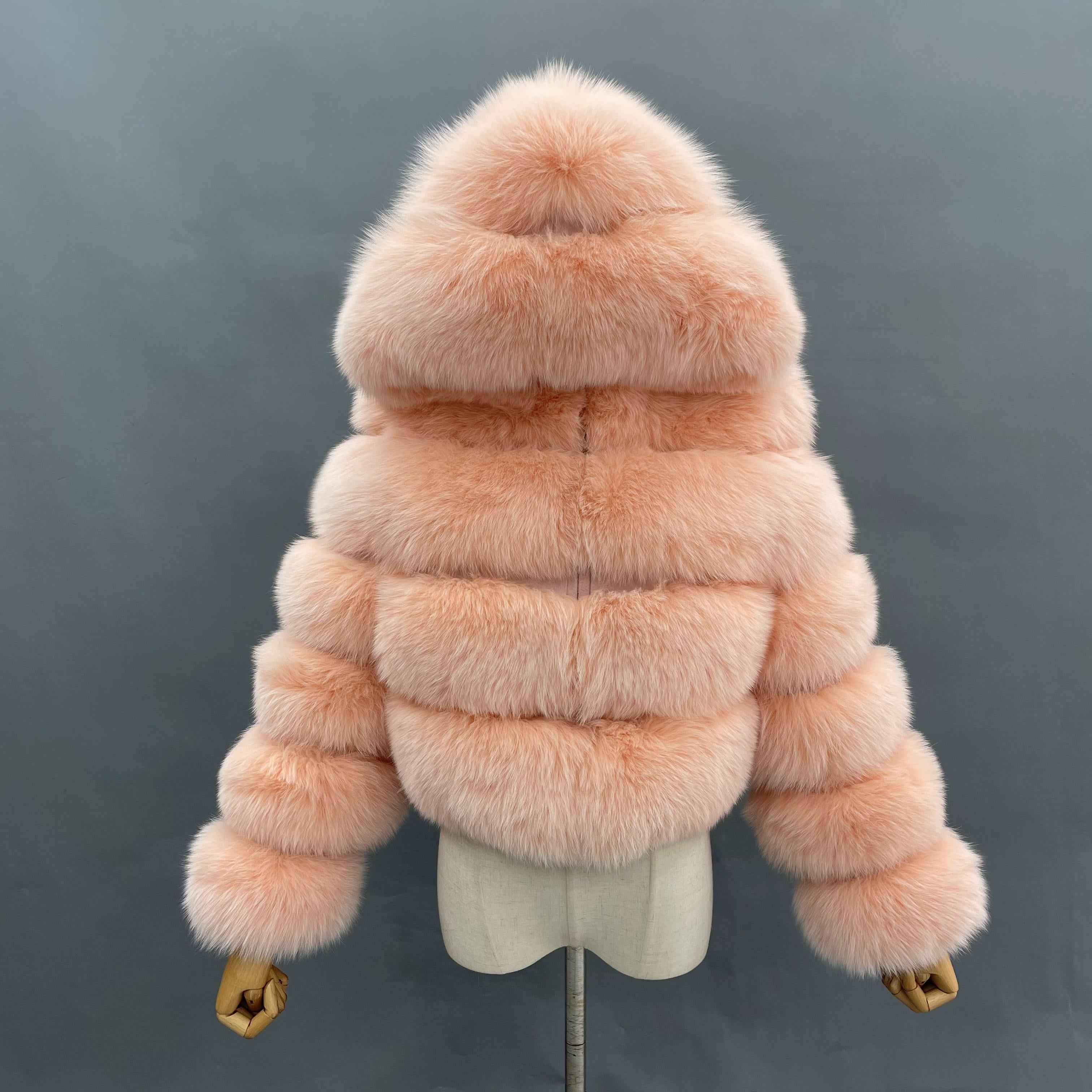 Women's Premium Fox Fur Hooded Short Coat - Layered Design Winter Fashion Warm Jacket Light Peach