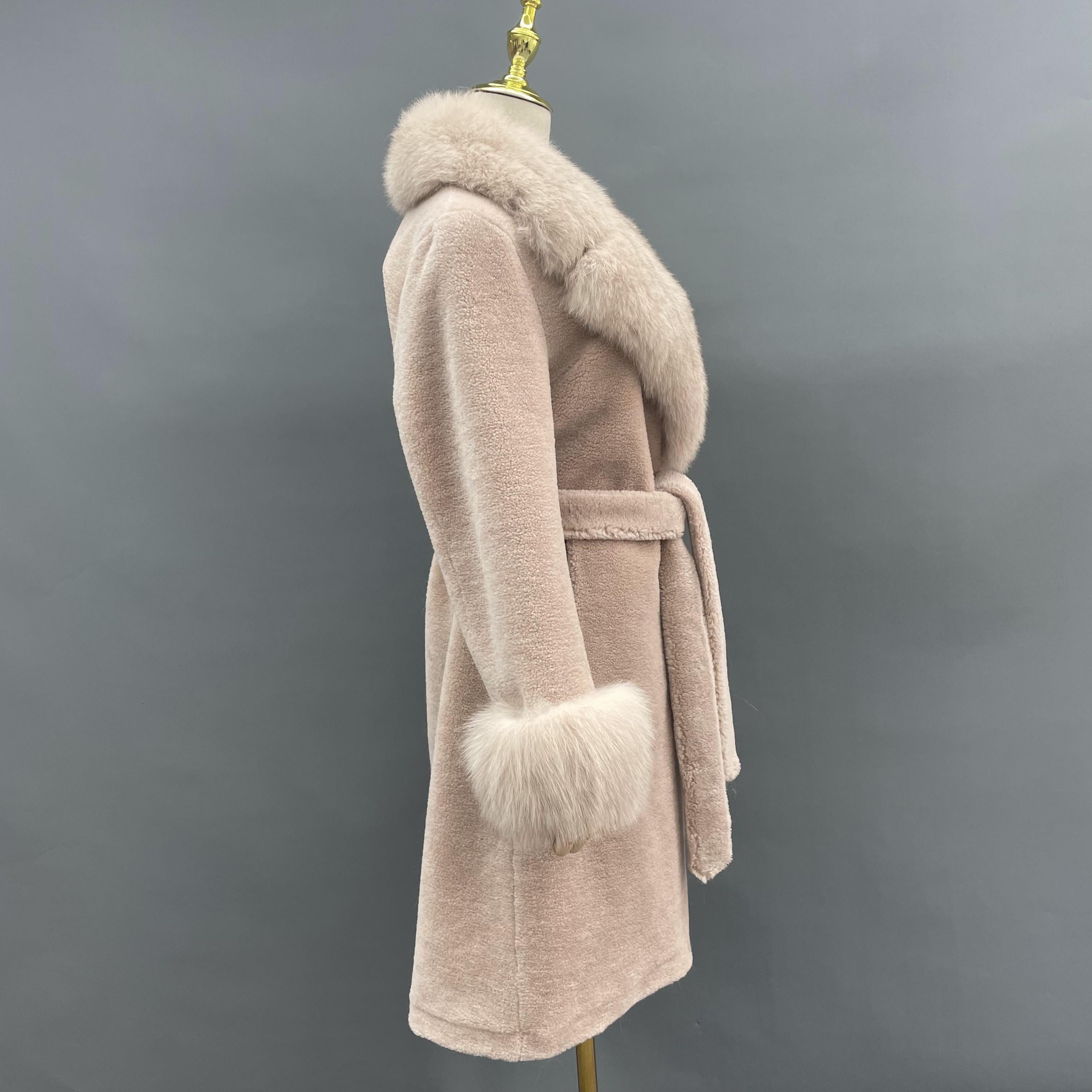 Women's Light Pink Shearling Long Coat with Fox Fur Collar, Cuffs, Notched Lapel & Belted Waist - Luxurious Winter Outerwear