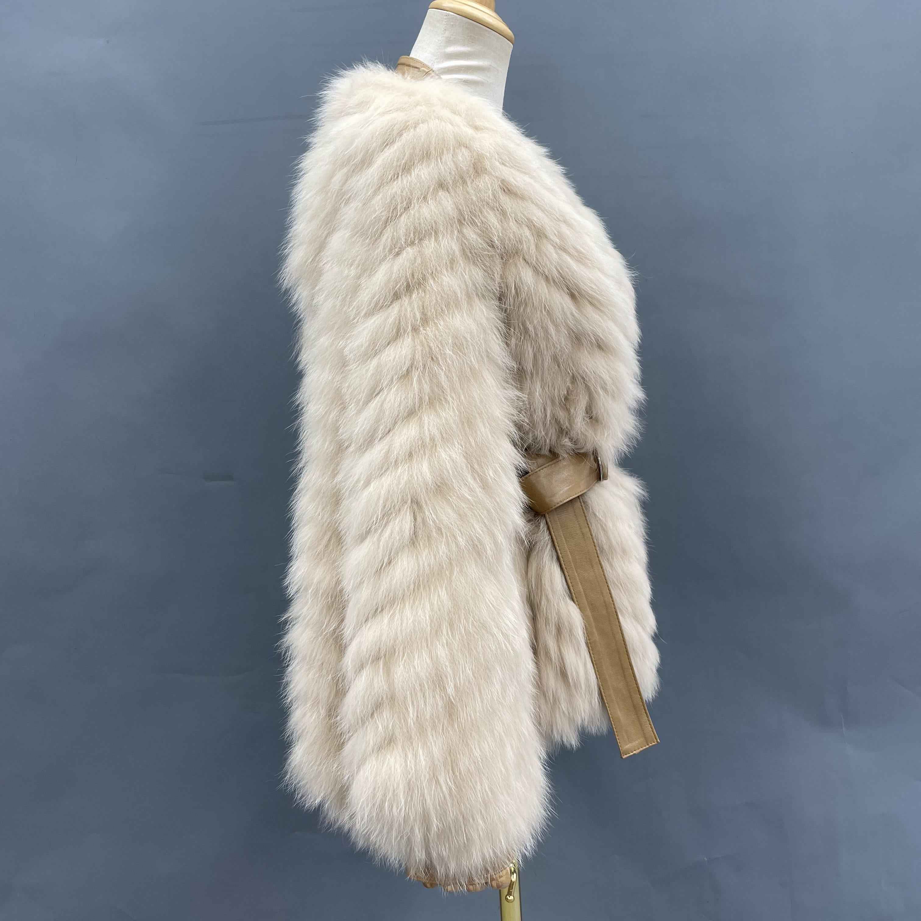 Women's Luxury Fox Fur Relaxed Fit Jacket - Chevron Stripe Design with Leather Belt Detail Winter Fashion Outerwear