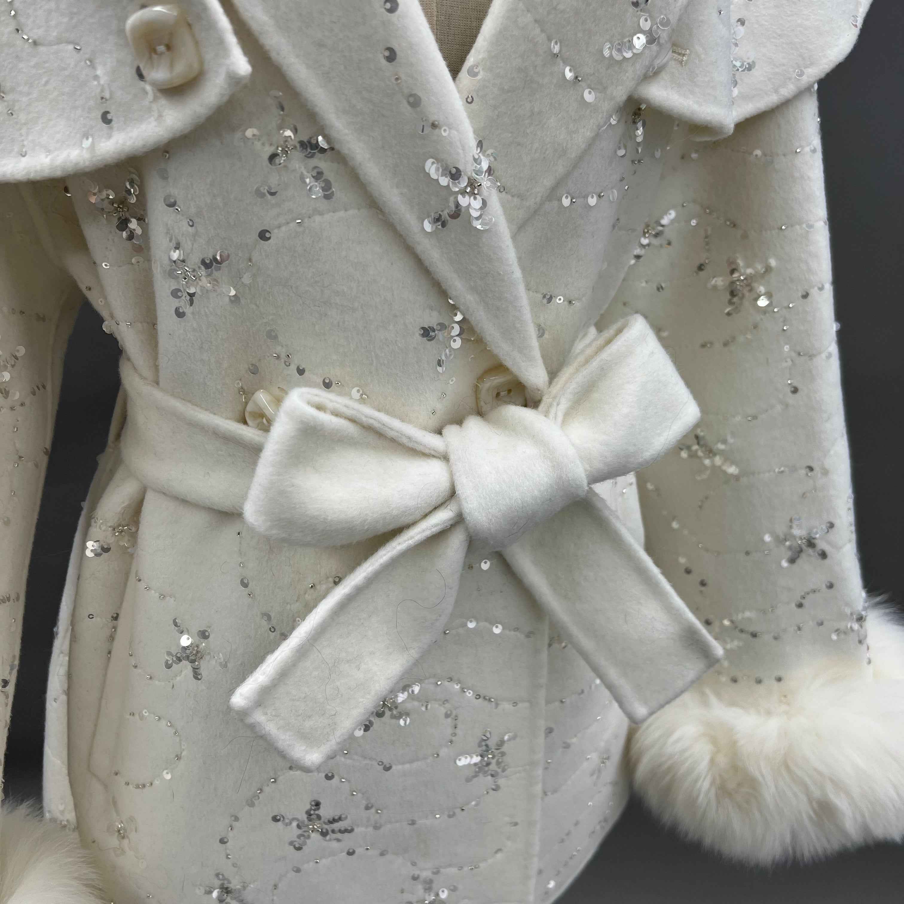 Women's Sequin Embellished Coat with Fox Fur Cuffs, Cape - Like Overlay & Self - Tie Belt, Elegant Winter Outerwear