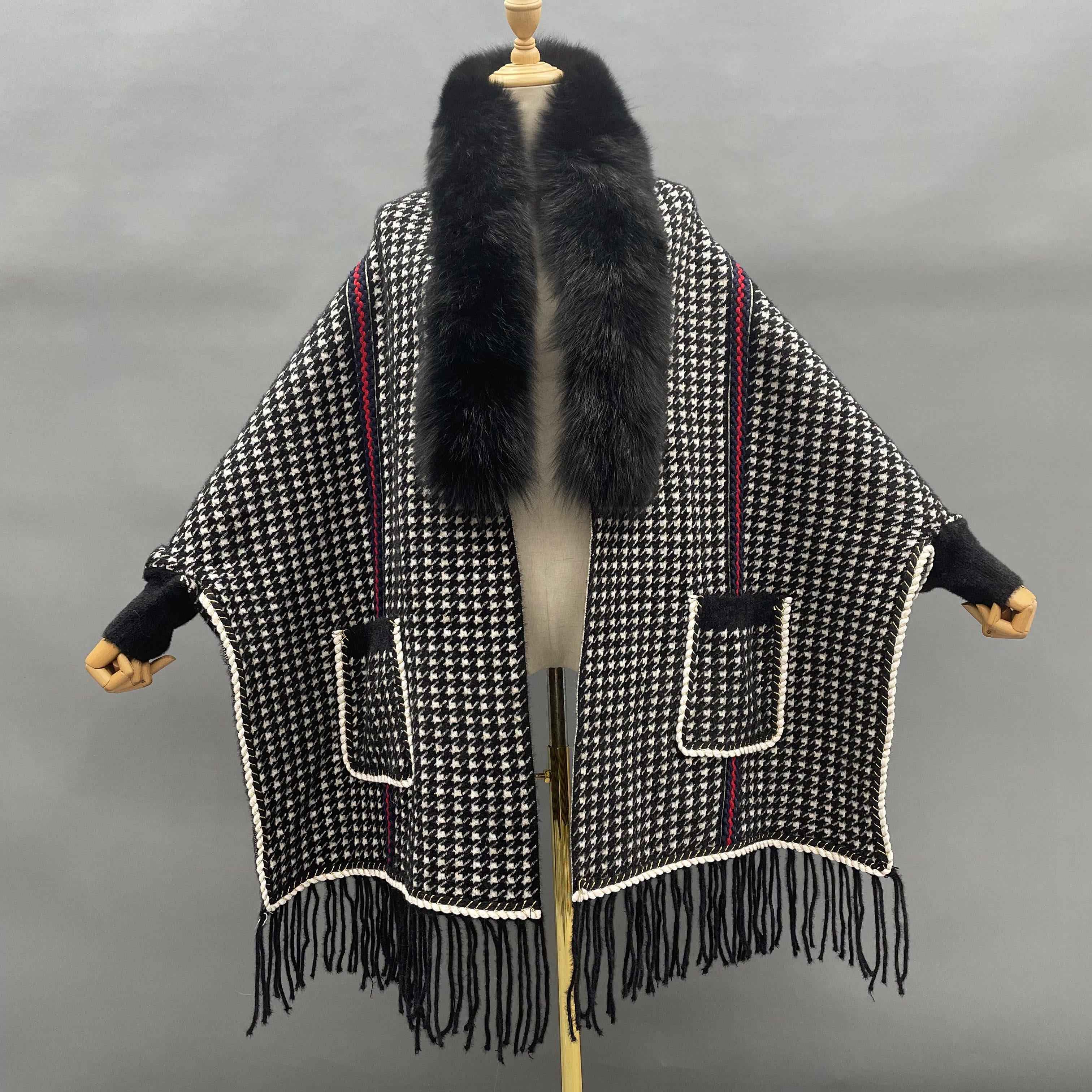 Women's Houndstooth Cape with Fox Fur Collar, Webbing Details, Pockets & Fringe - Luxurious Winter Shawl Accessory 2#Black F