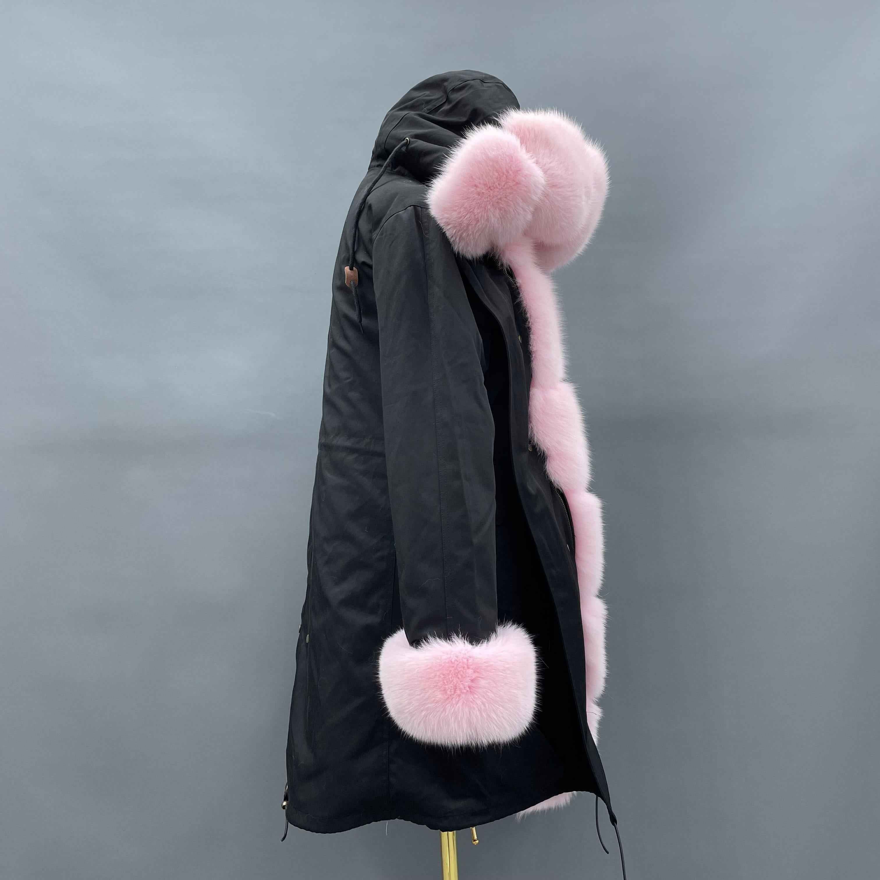 Long Black Parka with Pink Fox Fur Trim – Hooded Winter Coat for Women, Faux Fur Collar & Cuffs, Warm Oversize Outerwear