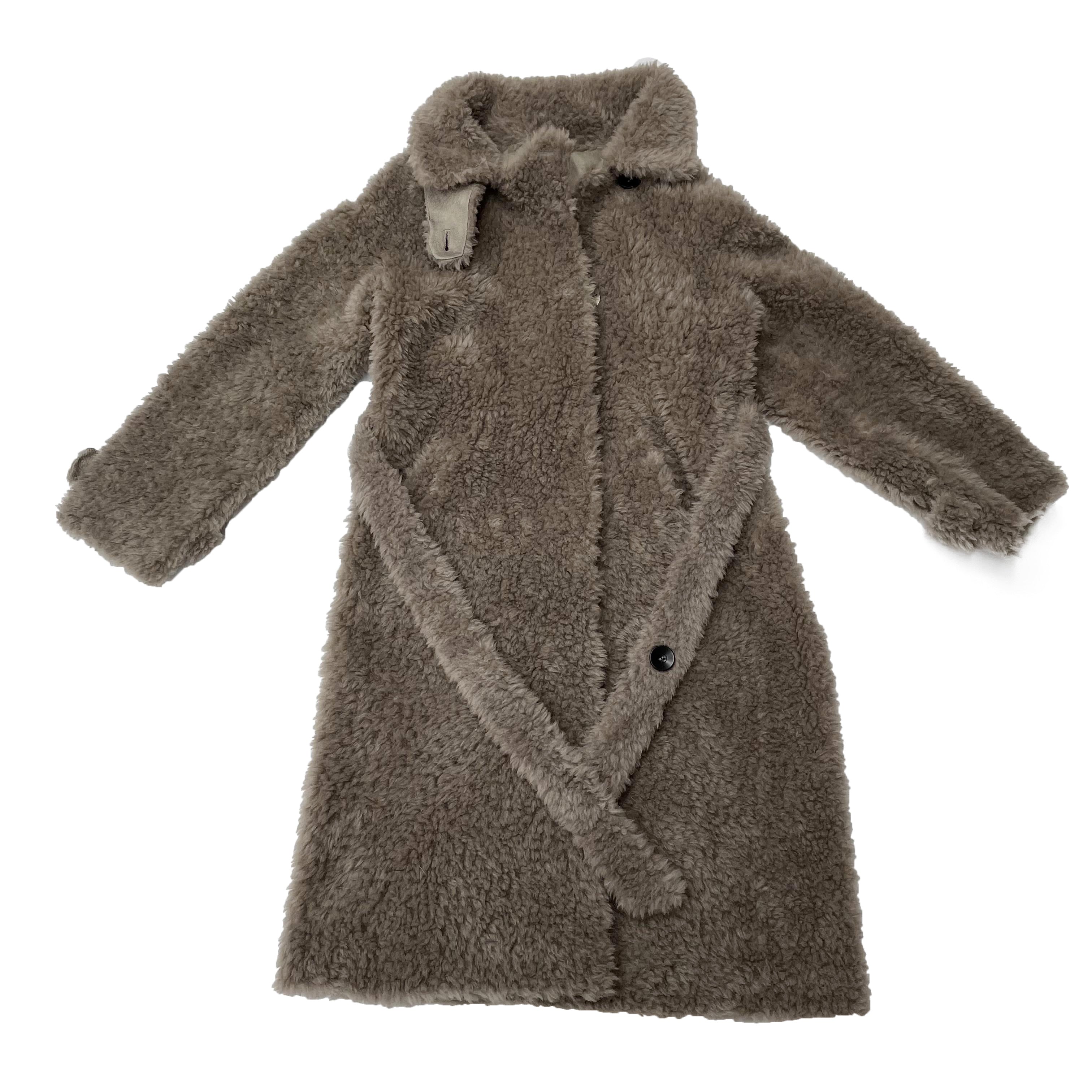 Women's Taupe Sheepskin Shearling Long Coat with Notched Lapel & Belted Waist - Luxe Winter Outerwear