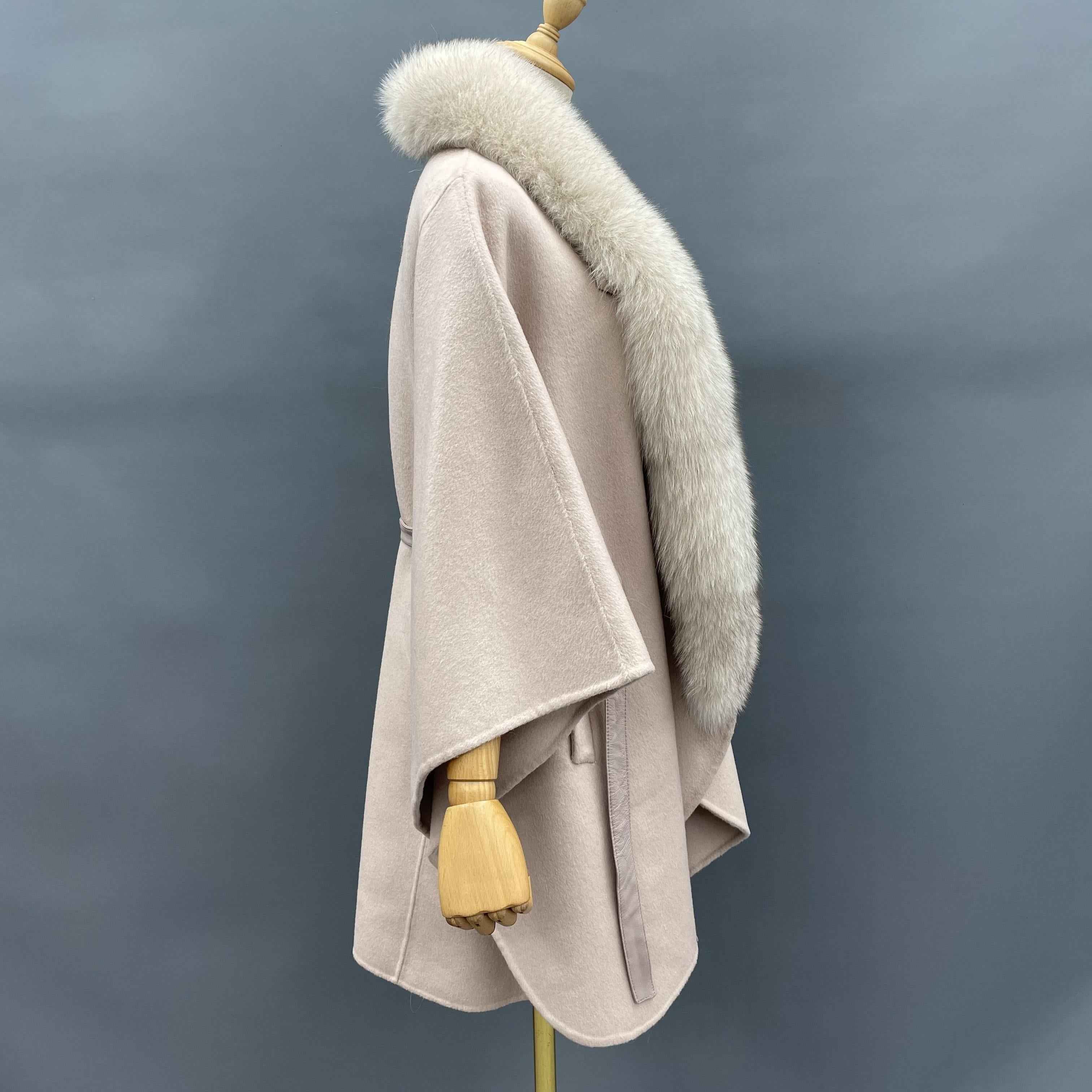 Women's Luxury Double - Faced Wool Cape with Fox Fur Collar and Leather Belt, Elegant Winter Outerwear