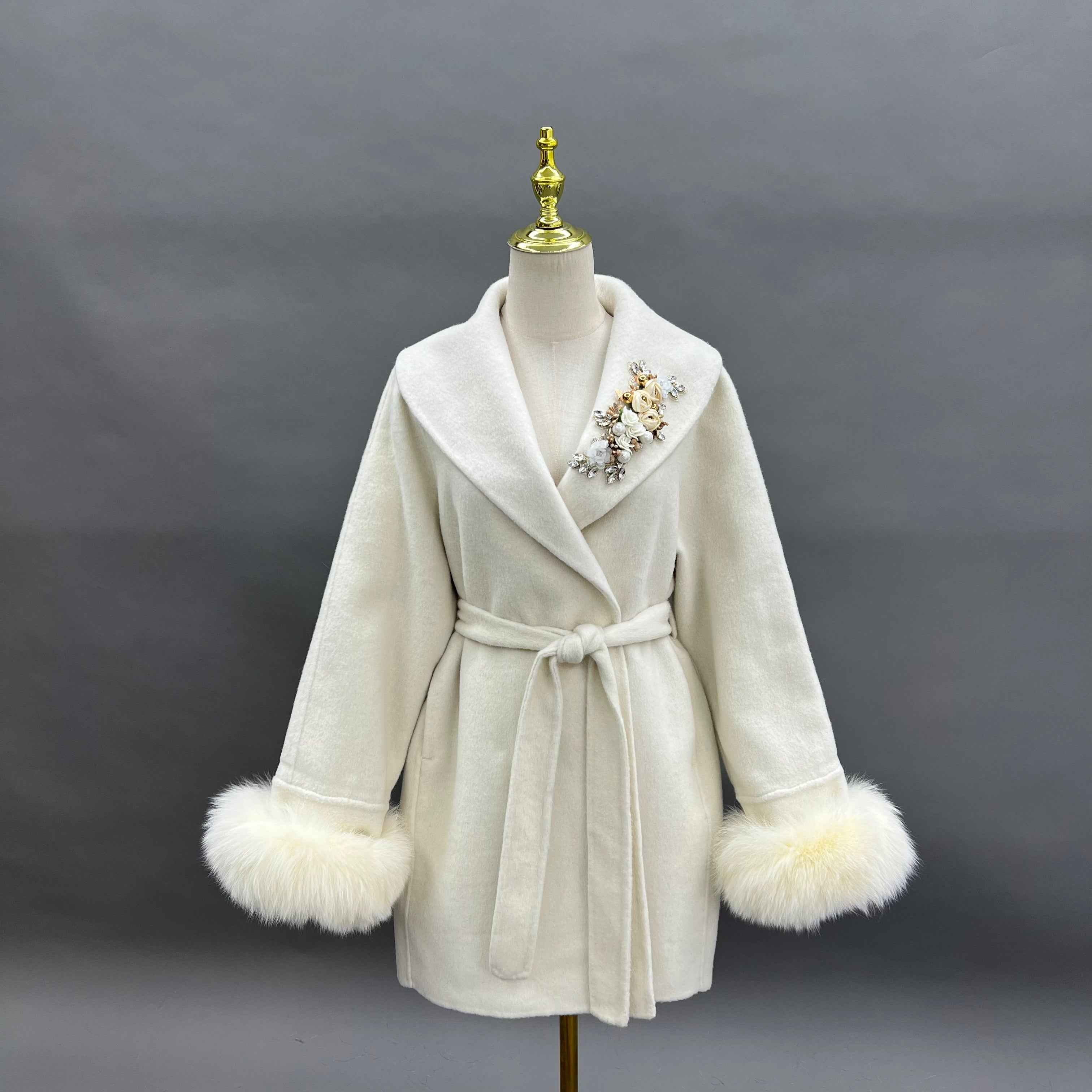 Cashmere Double Faced Coat with Rhinestone Brooch, Fox Fur Collar, Fox Fur Cuffs and Tie Belt