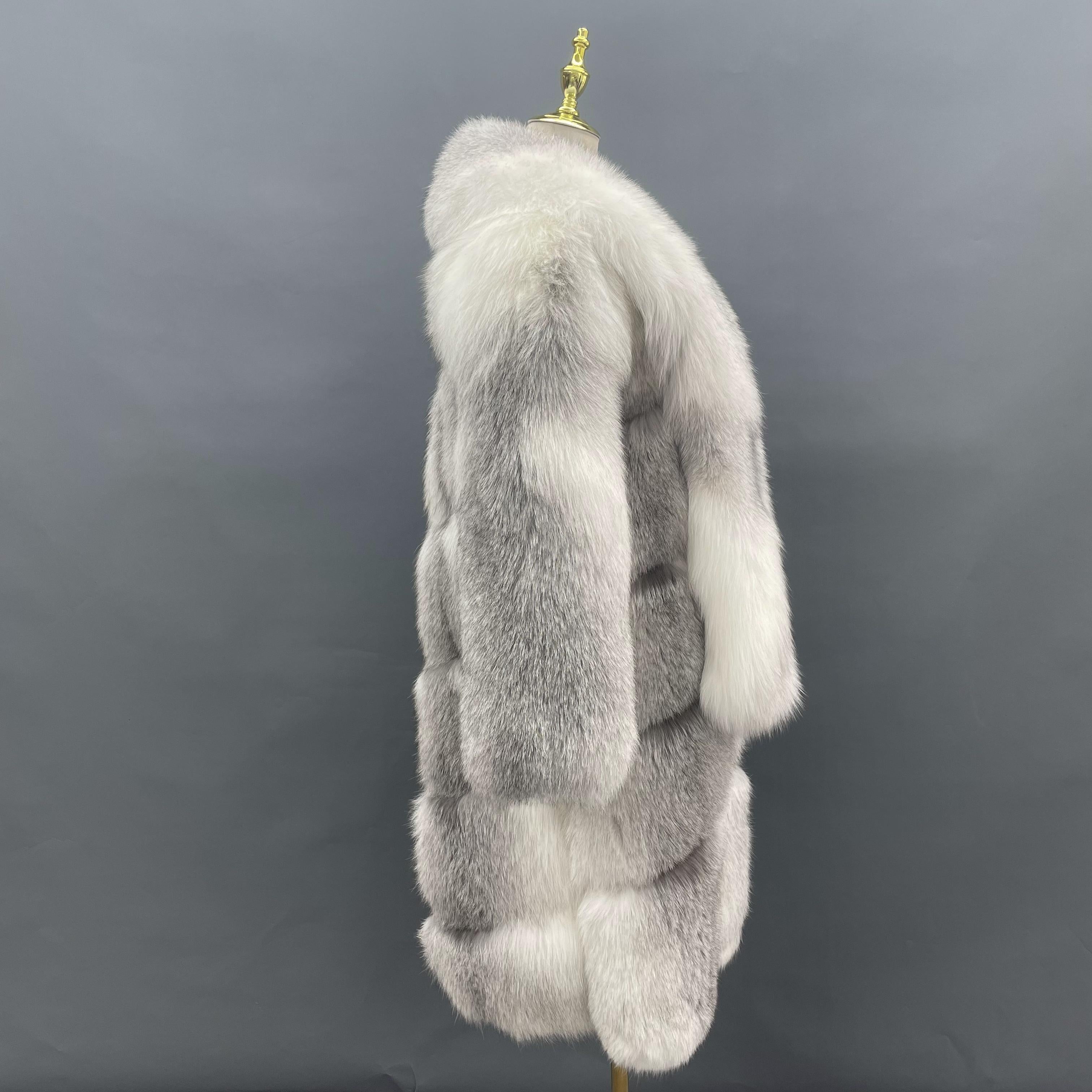 Women's Long Golden Island Fox Fur Coat with Extra Long Collar – Real Luxury Winter Fur Jacket