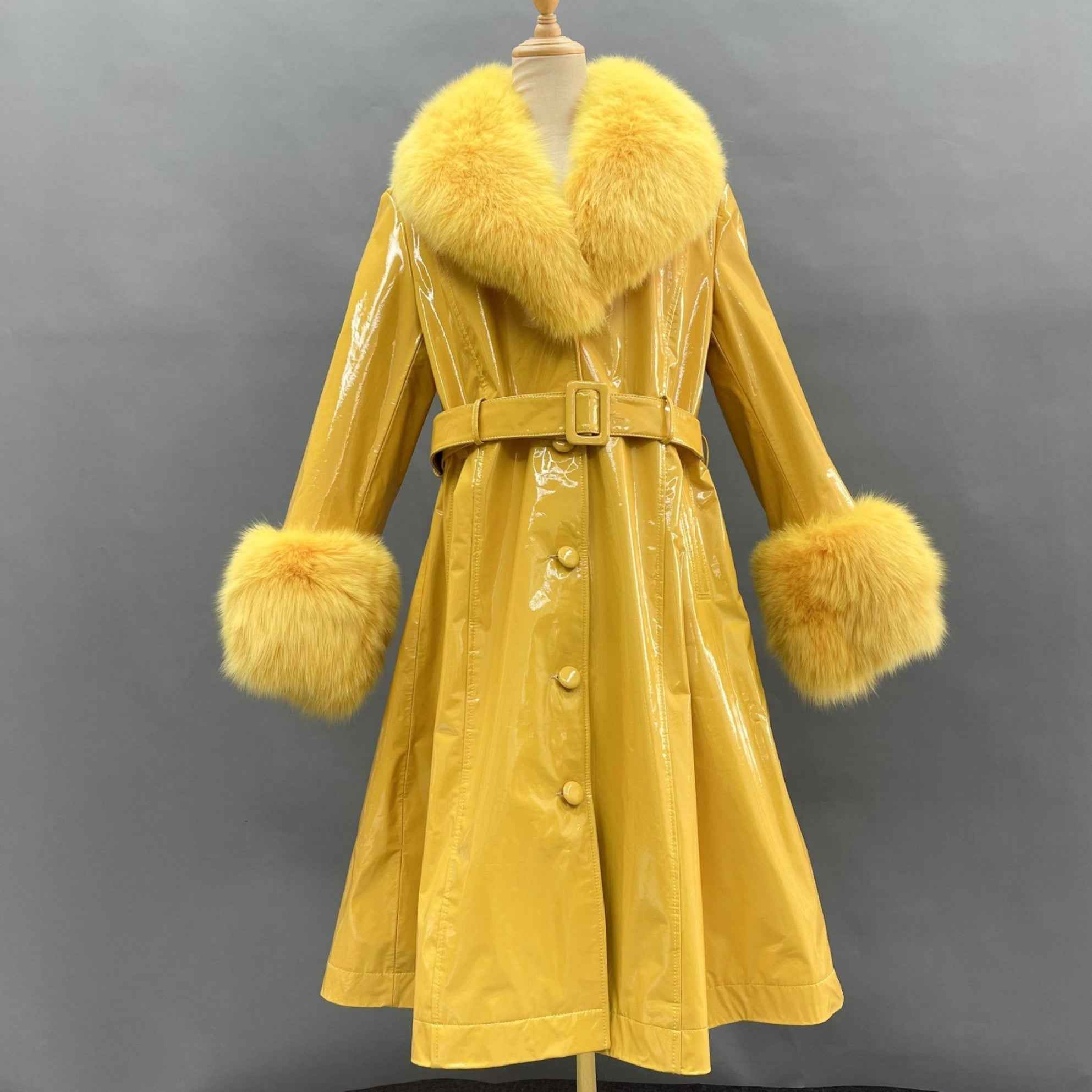 Women's Winter Large Flip Lapel Collar Fur Terry Long Shiny Leather Jacket - Janefur