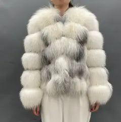 Round Neck Short Genuine Fur Fox Fur Women's Short Casual Coat - Janefur