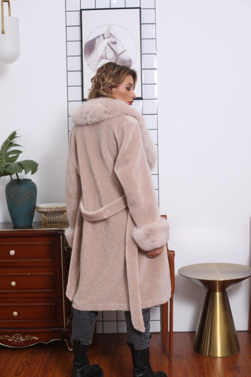 Blazer Collar with Cuffed Sleeves and Fur Waist Belt Coat - Janefur
