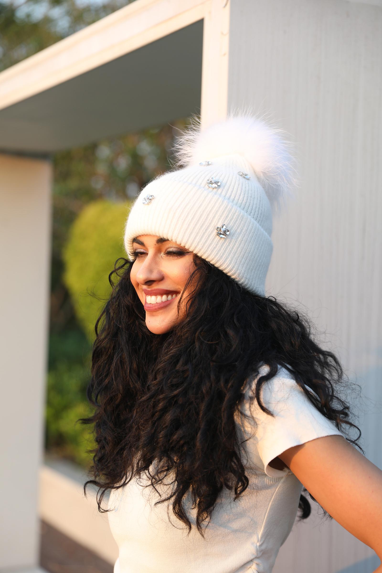 Ladies' Rabbit Fur Hat with Small Rhinestone Pompoms for Casual Wear - Janefur