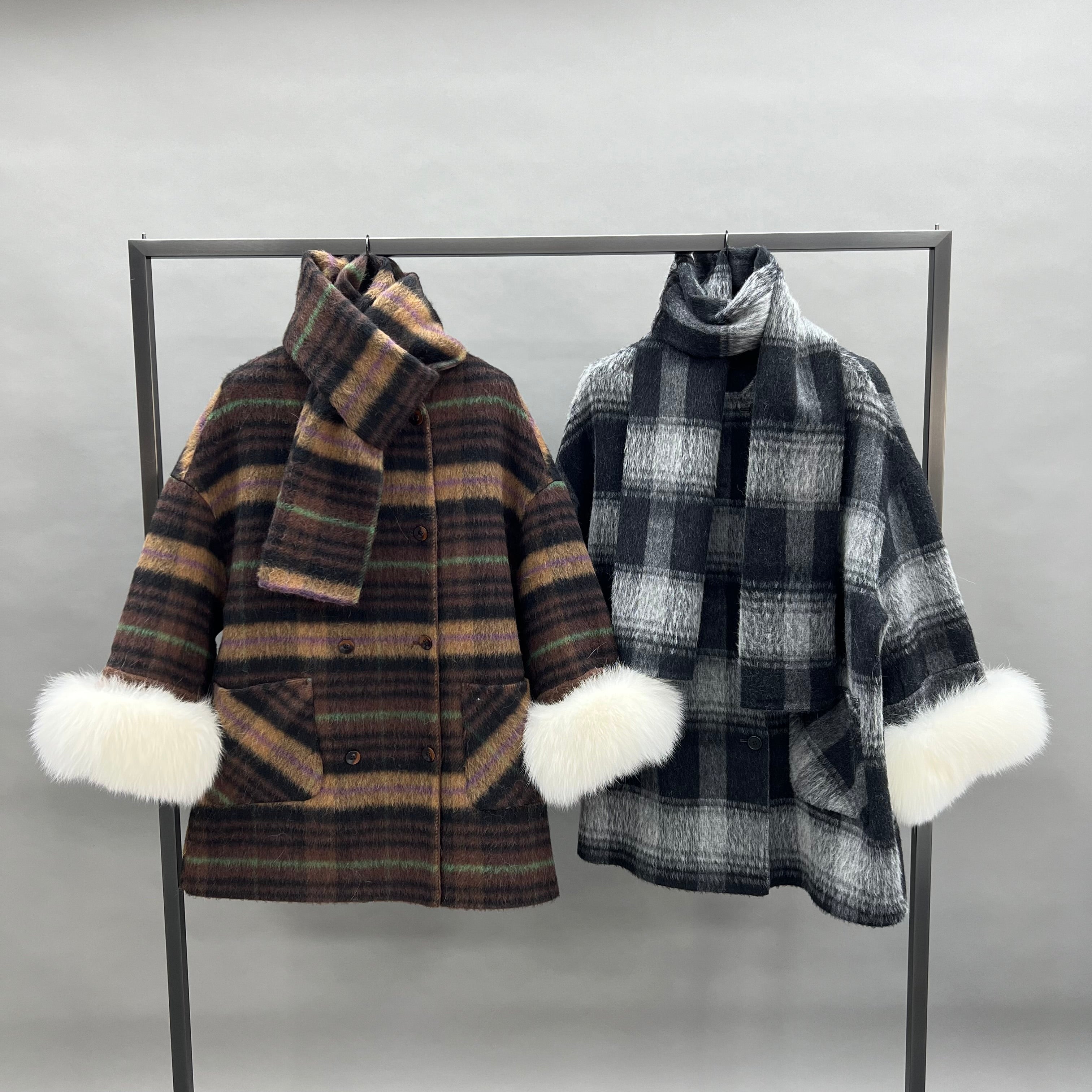 Luxury NEW Winter Wool Coat with Built-in Scarf & Real Fox Fur Cuffs – Women's Winter Plaid Overcoat - Janefur