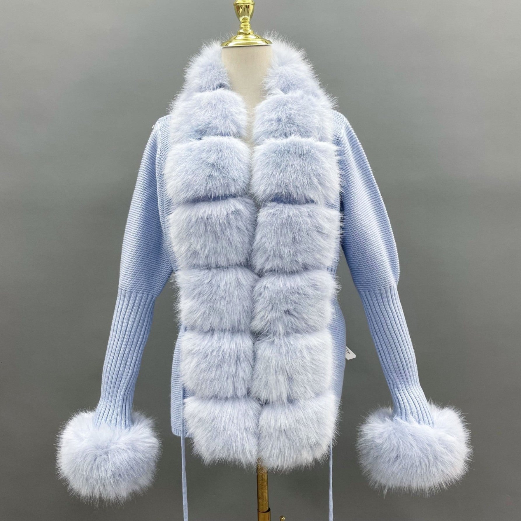 Women's Knitted Sweater Coat Cuff Placket with Eco-Fur Faux Fur - Janefur