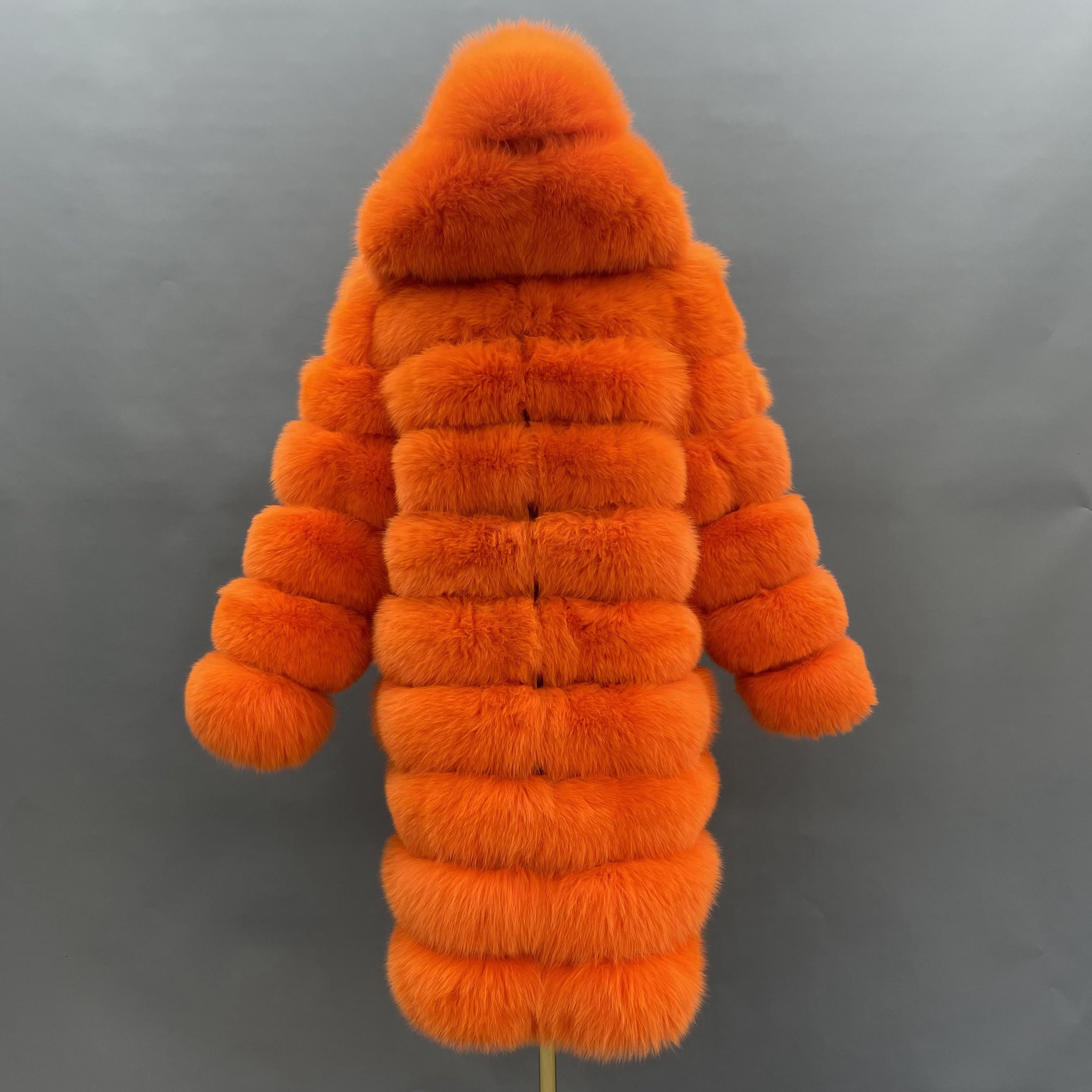 Long Blue Fox Hooded Fox Fur Coat - Janefur