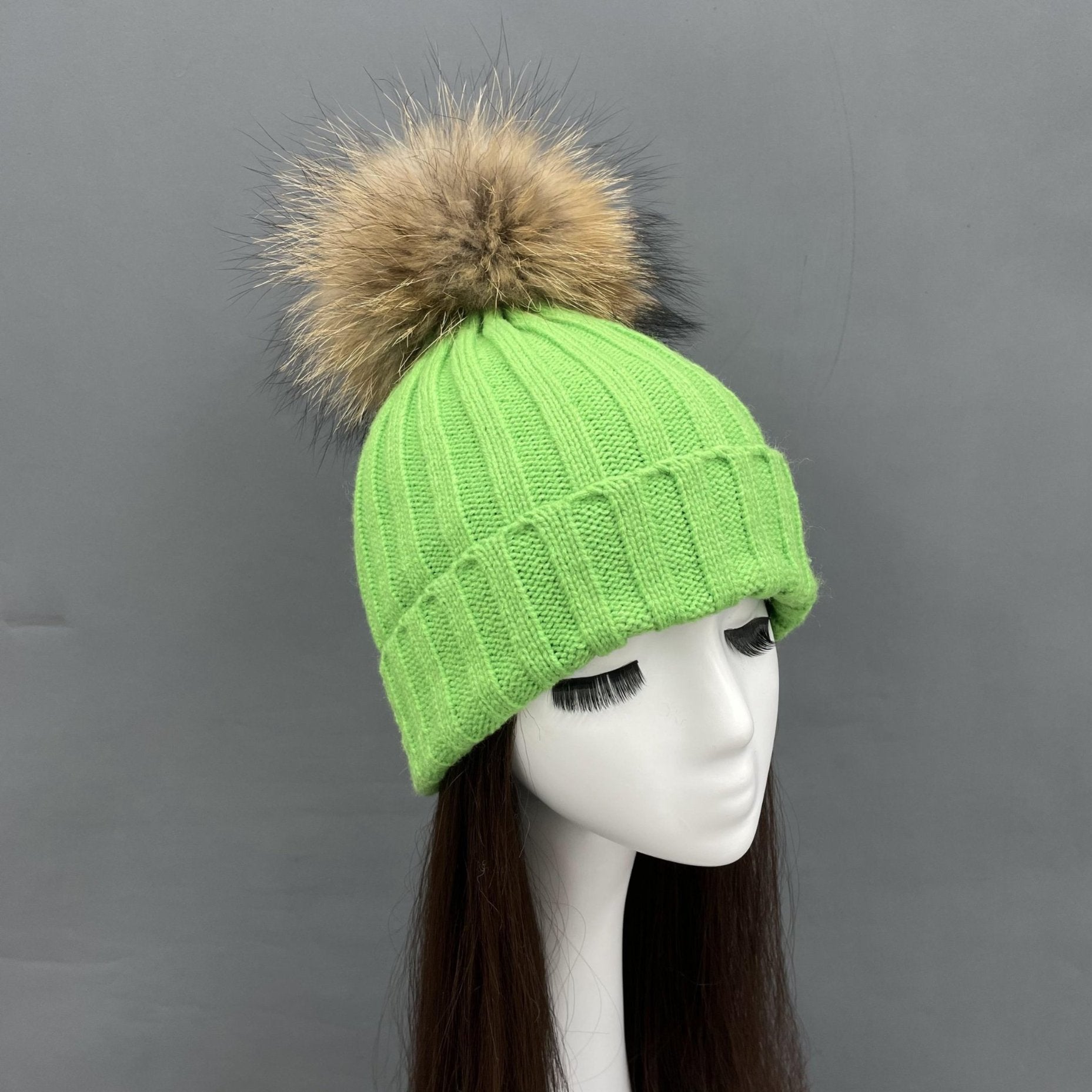 New Fall And Winter Striped With Fur Pom Pom Acrylic Hat - Janefur