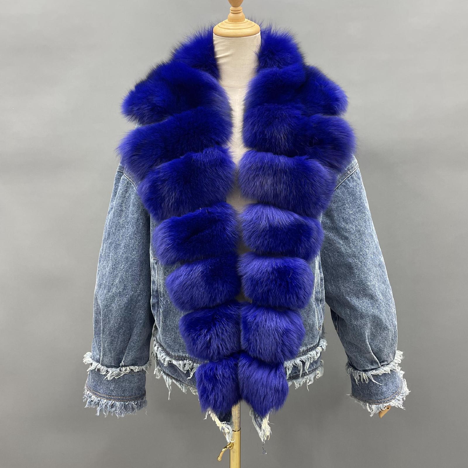 Women's Denim Jacket Leather Large Fox Fur Collar Winter Luxury Coat Fluffy Jacket Denim Blue Down Outerwear - Janefur