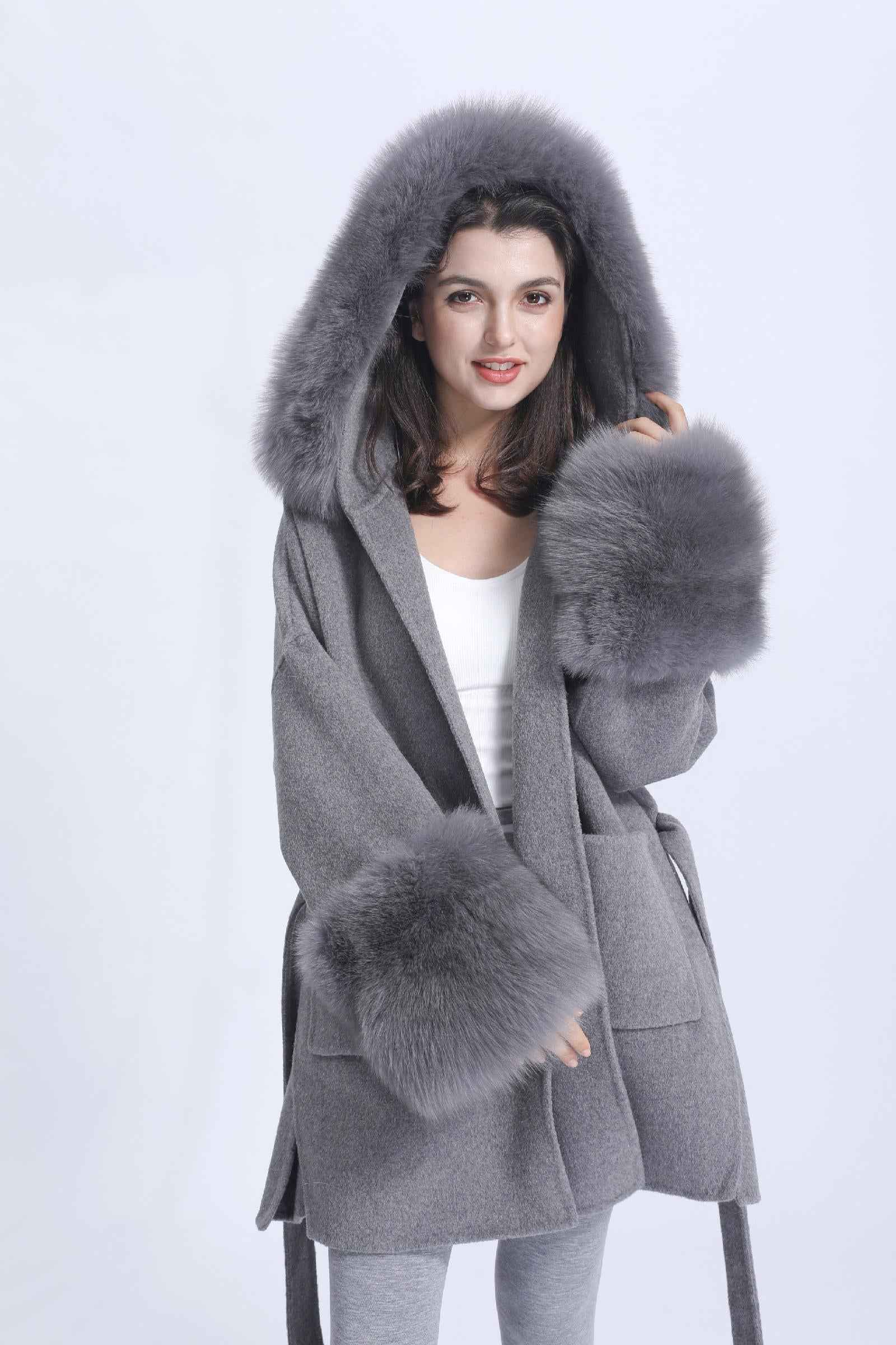 Double-faced Wool Coat Women's Casual Short Style with Cuffed Fur Sleeves, Hood, and Fur Collar Cashmere Jacket - Janefur