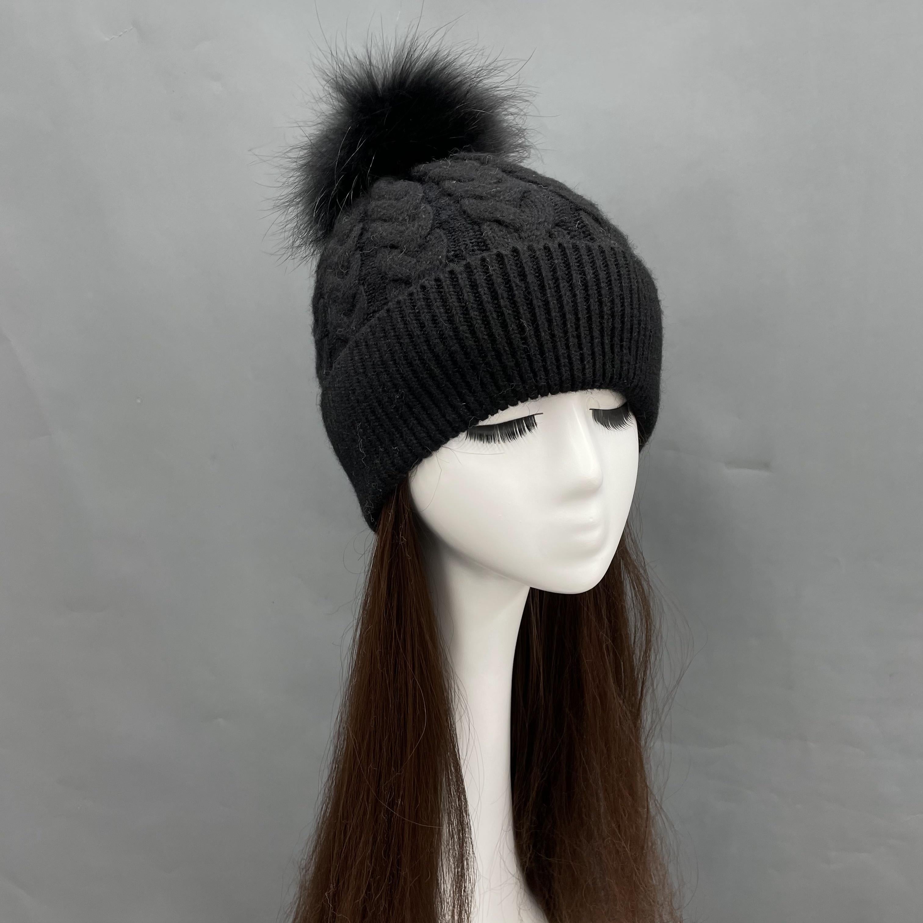 Ladies Beanie Hat Angora Knitted Raccoon Fur Pom Pom Warm Hat - Janefur