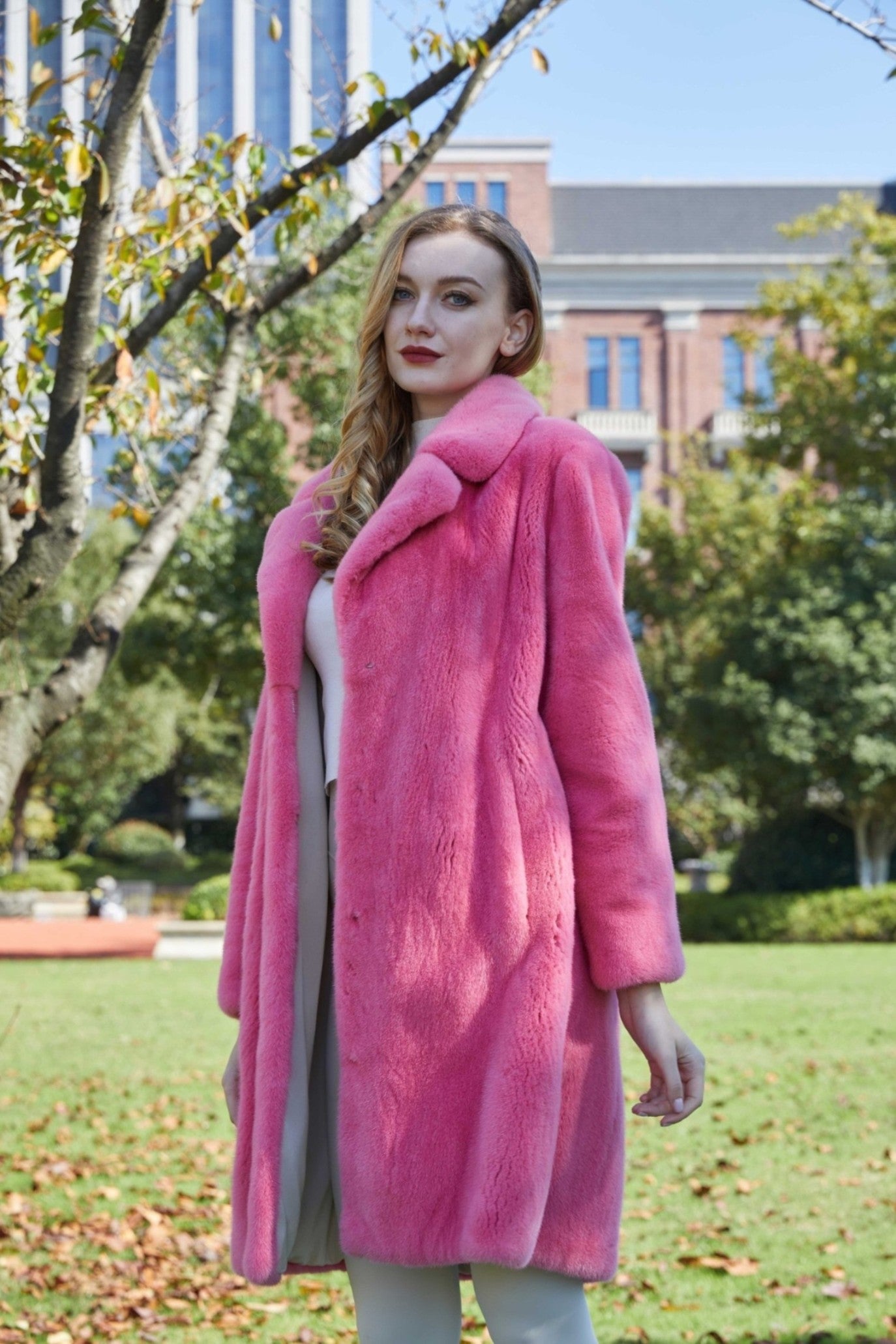 Women's High Quality Suit Collar Mid-Length Mink Pink Coat - Janefur