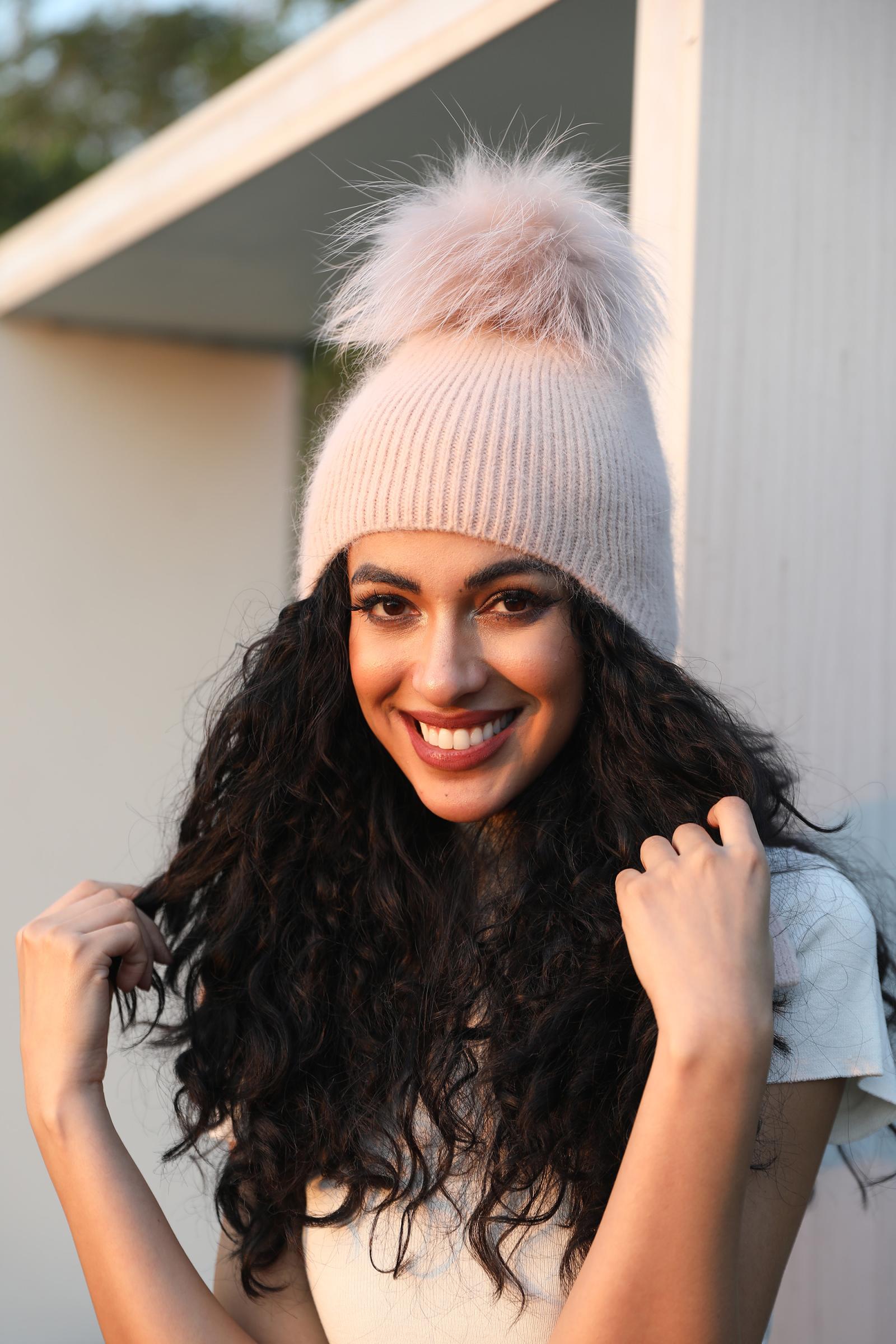 Adult Rabbit Fur Pom Pom Ear Muff Hat with Windproof and Warm Protection - Janefur