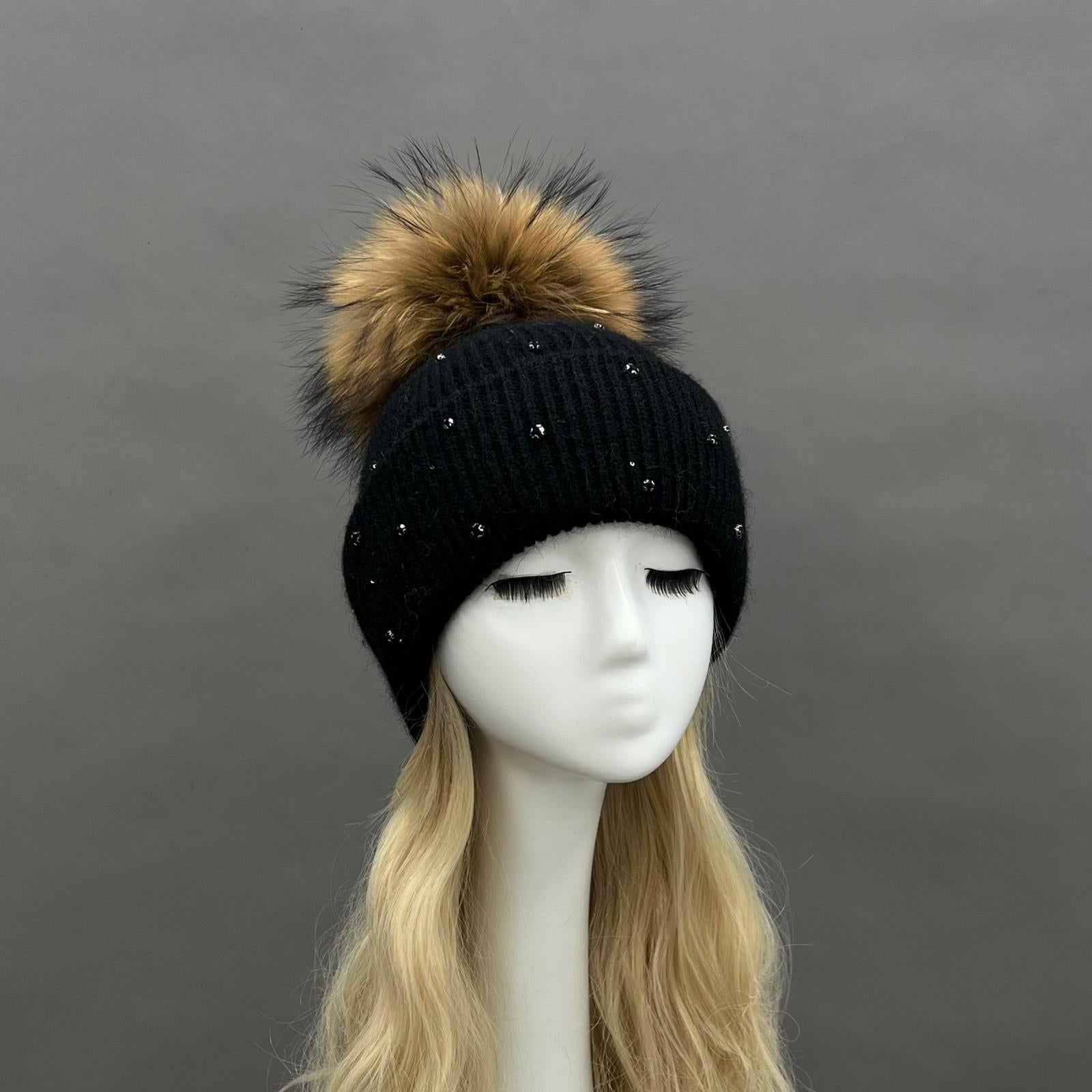 Women's Warm and Casual Rabbit Fur Hat with Sparkling Fur Pompoms - Janefur
