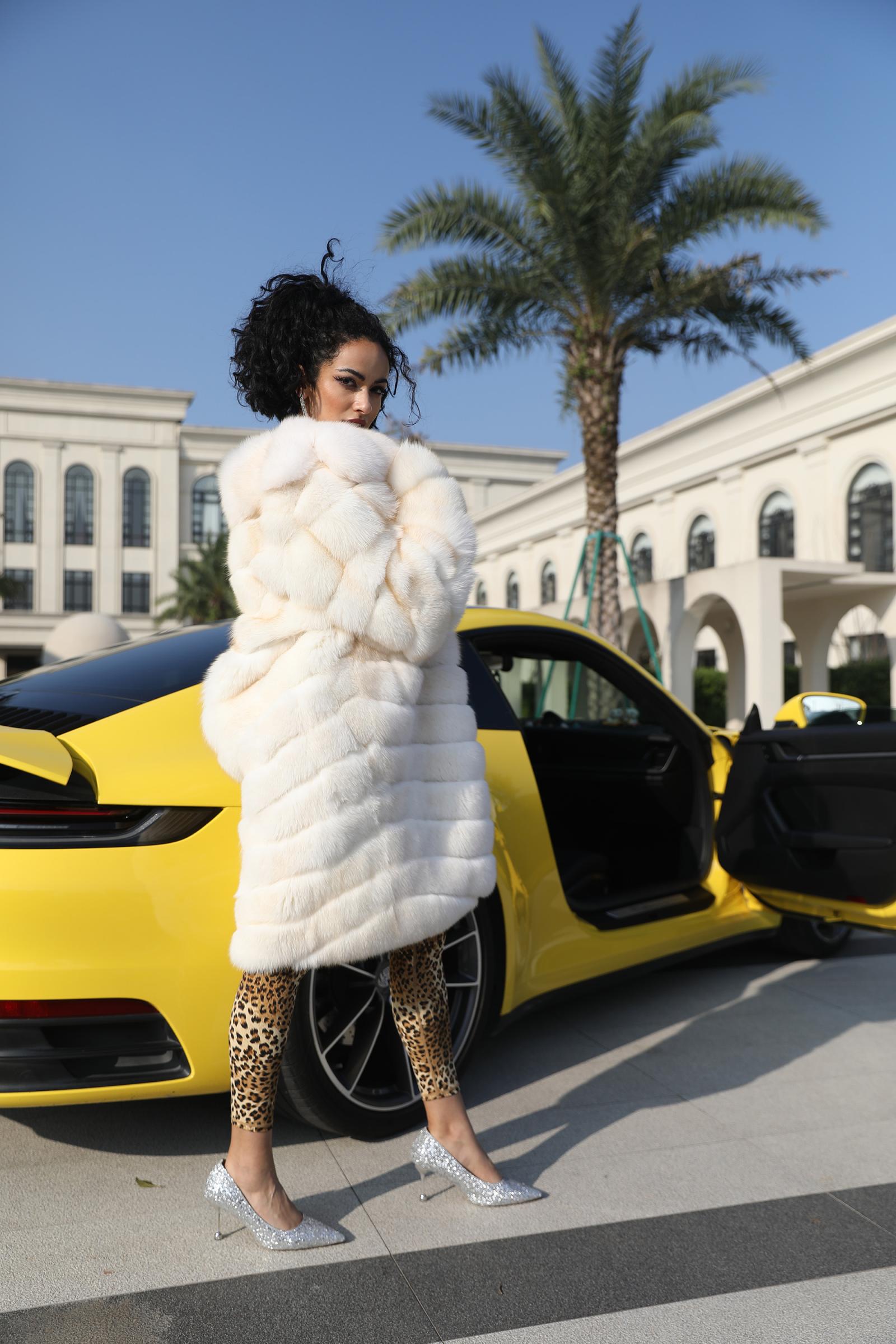 Women's Luxurious Fox Fur Lapel Striped Long Coat Fur Jacket - Janefur
