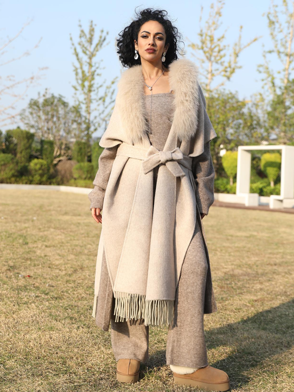Double-Faced Cashmere Cape Coat for Women with Chic Fringe Double-Faced Wool Shawl Coat - Janefur