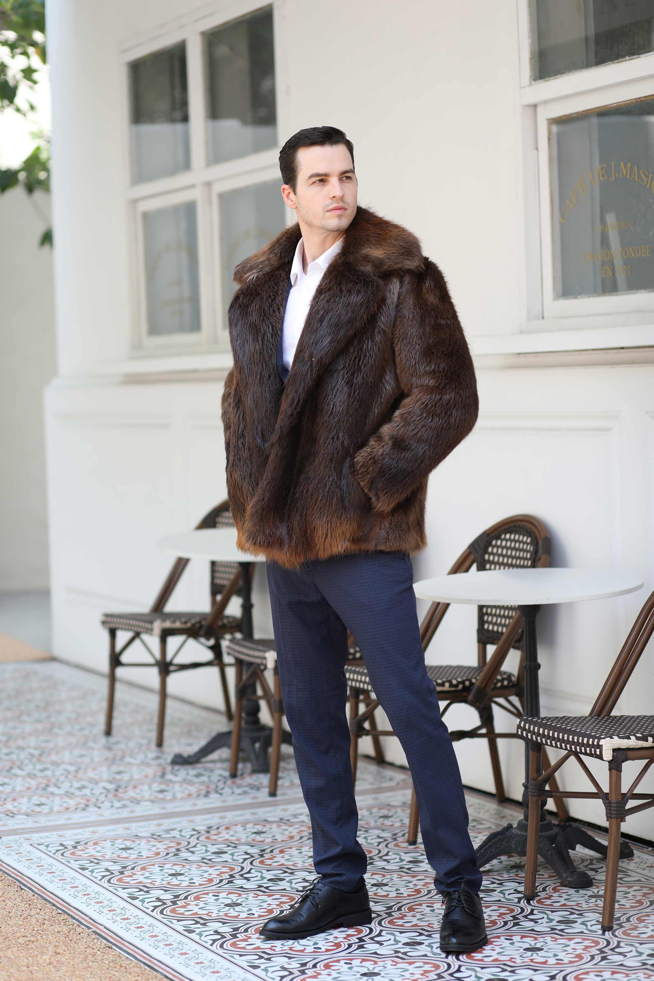 Warm Winter New Men's Long Sleeve Suit Collar Beaver Fur Coat - Janefur