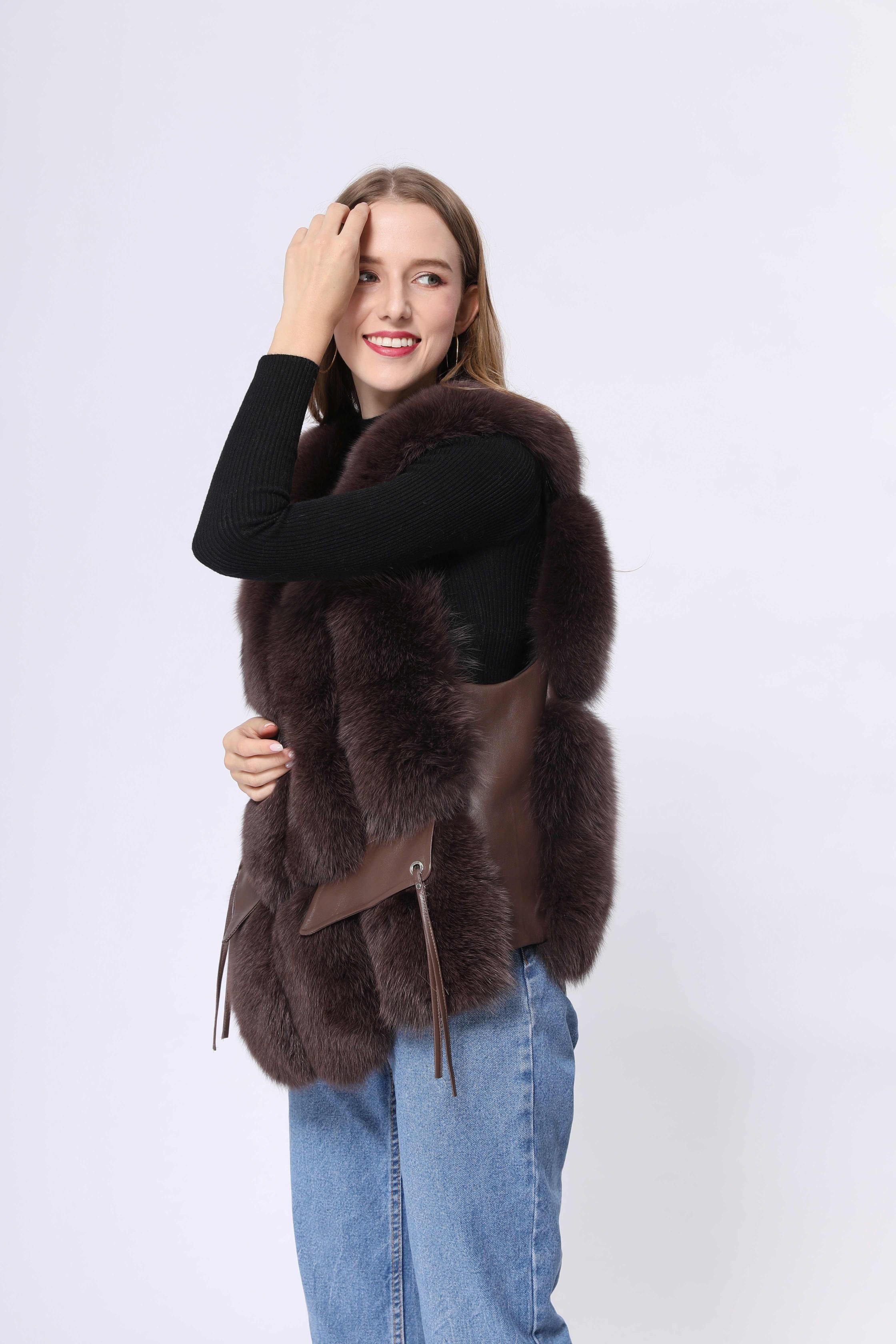 Fashion Women's Short Style Big Pocket Fox Fur Vest - Janefur