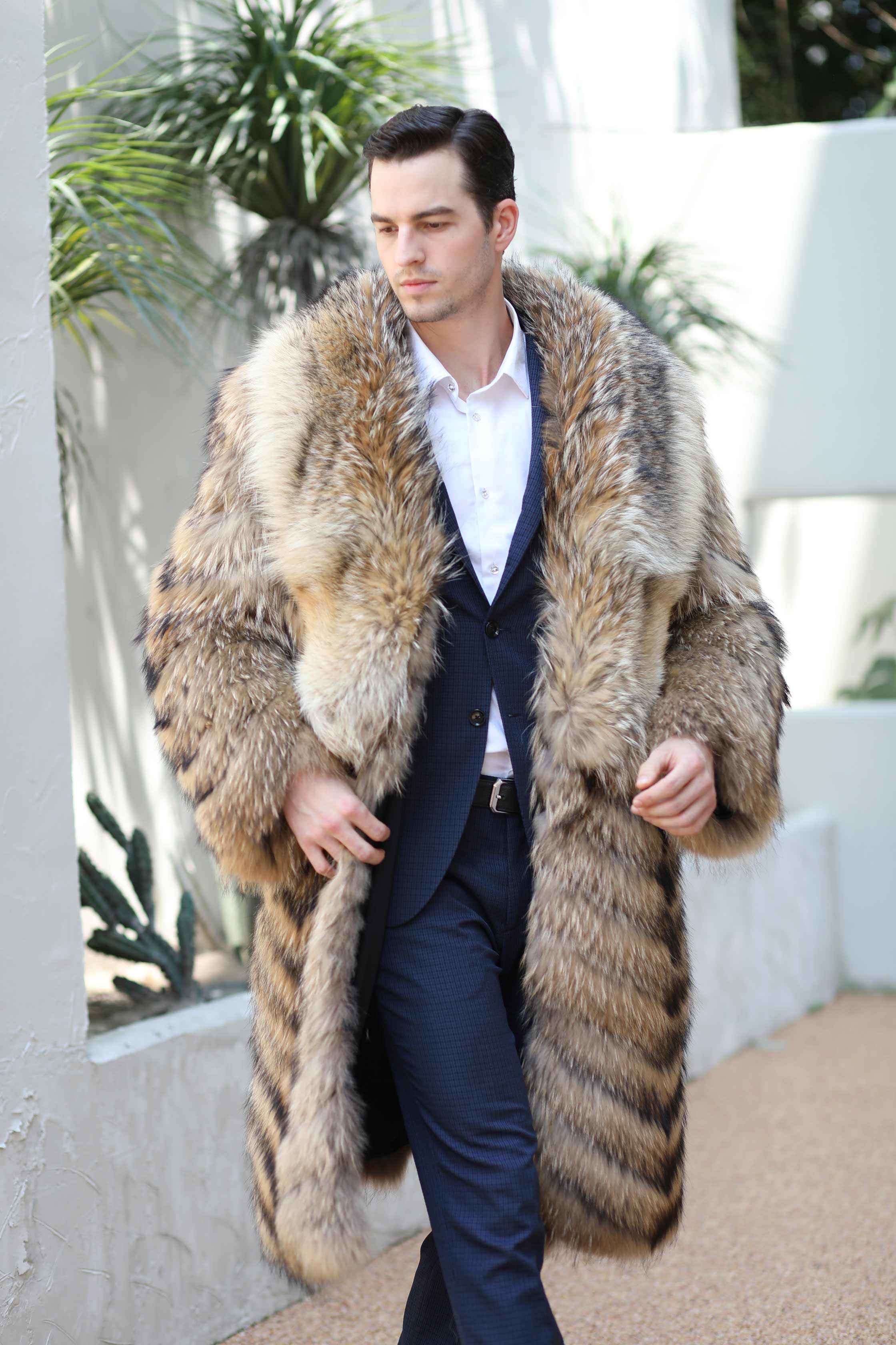 Big Wolf Fur Collar Luxury Winter Natural Raccoon Fur Long Coat - Janefur