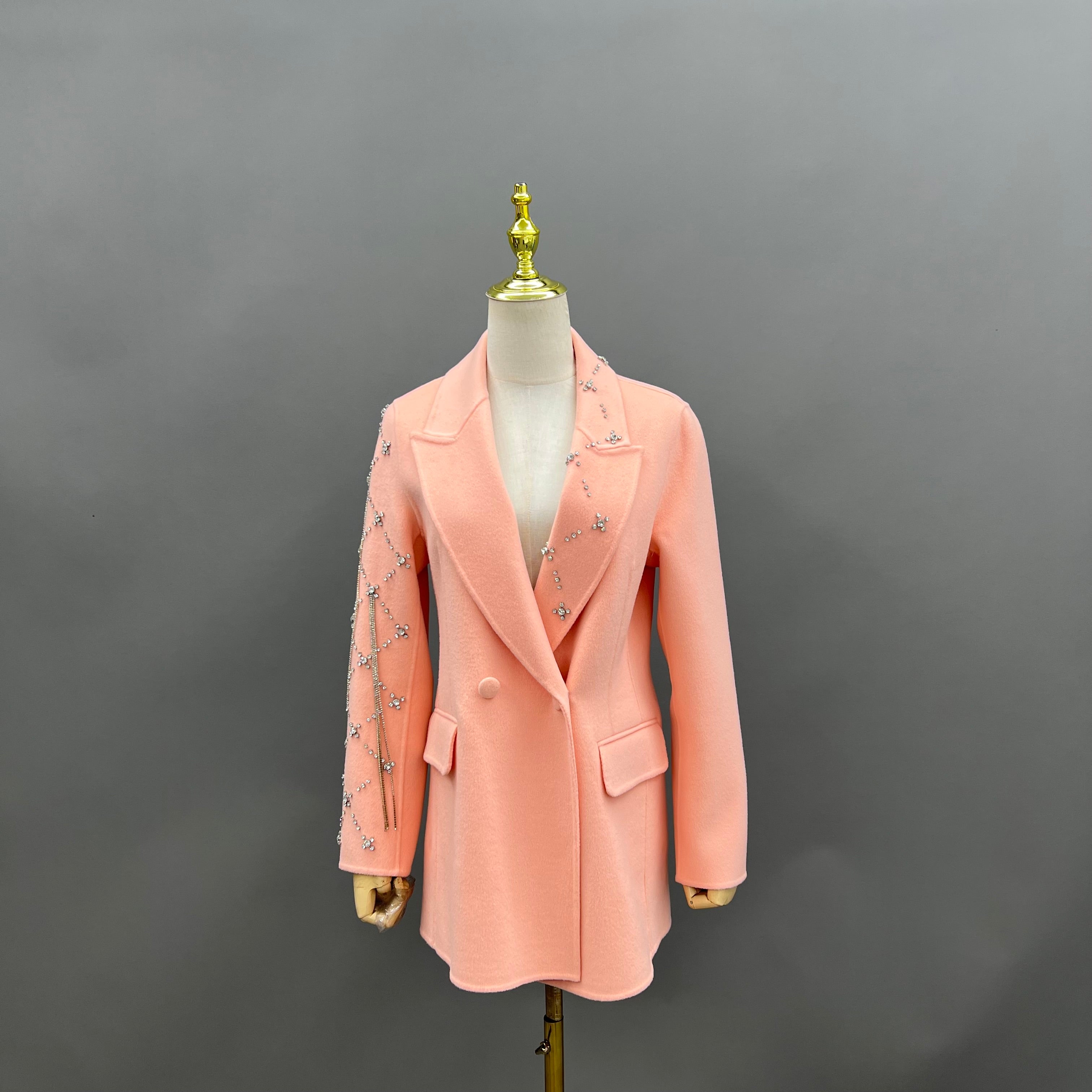 Elegant Pink Double-faced Wool Coat with Single-side Sleeve and Collar Diamond Embellishments - Janefur