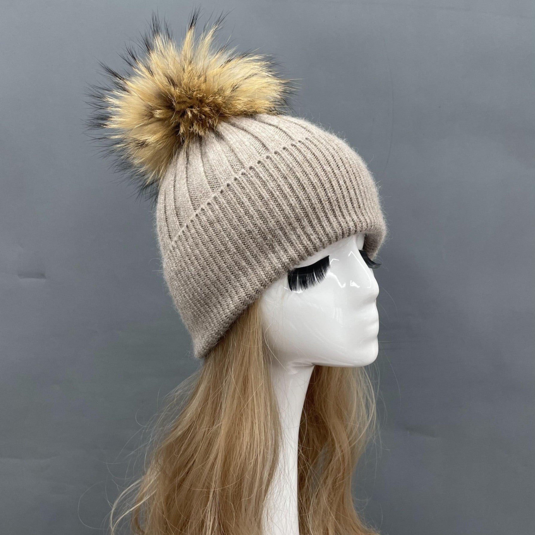 Winter Knitted Angora Beanie Hat With Removable Fur Pom Pom - Janefur