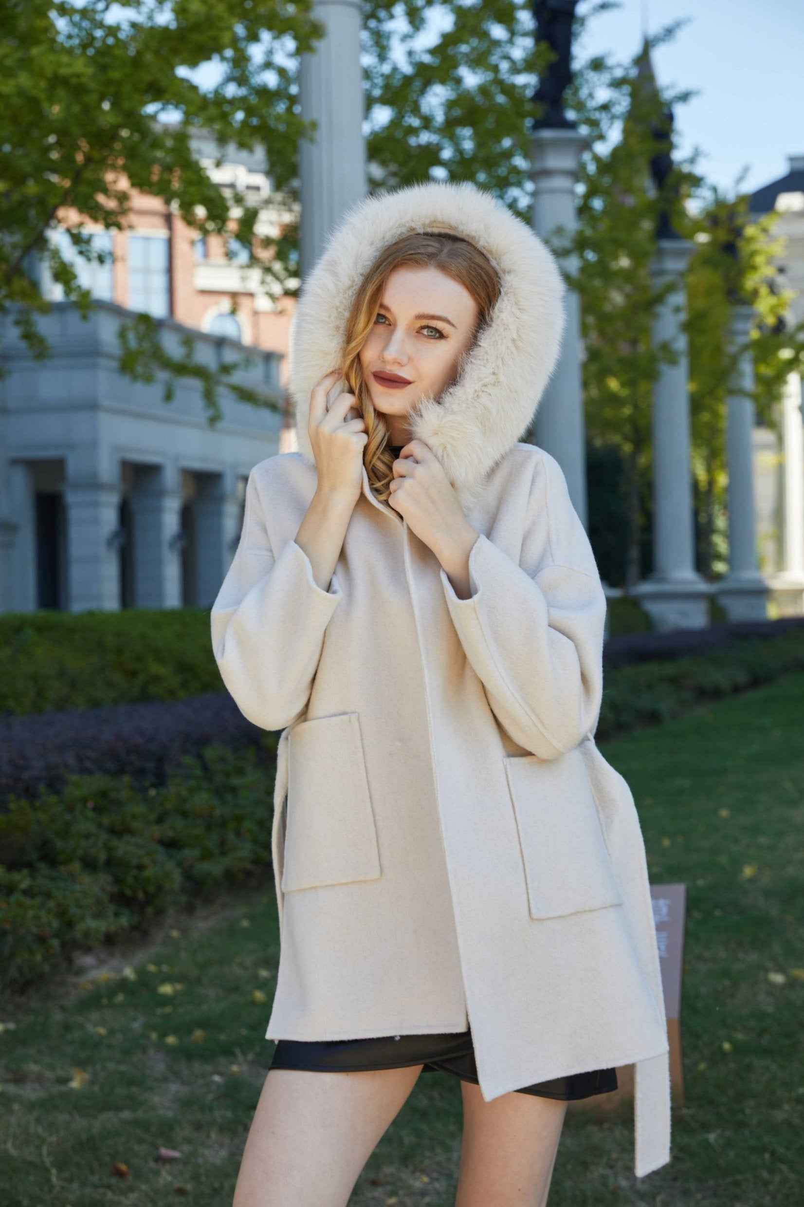 Double-sided Cashmere Mid-length Hooded Large Fur Collar Coat Women's Winter Coat - Janefur