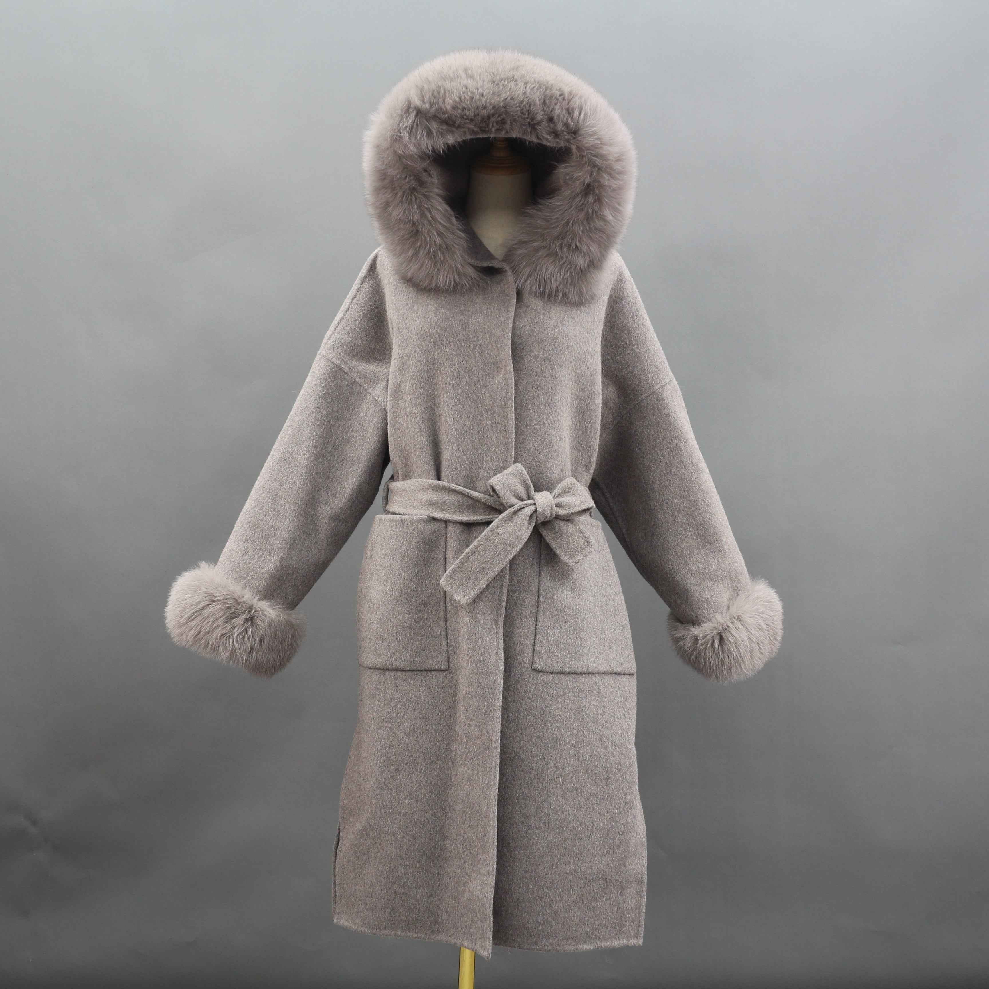 Long Double-Sided Woolen Coat with Large Pockets and Hood - Janefur