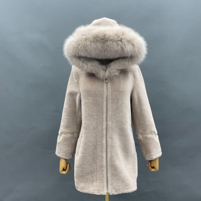 Creamy White Hooded Fox Fur Collar Shearling - Janefur