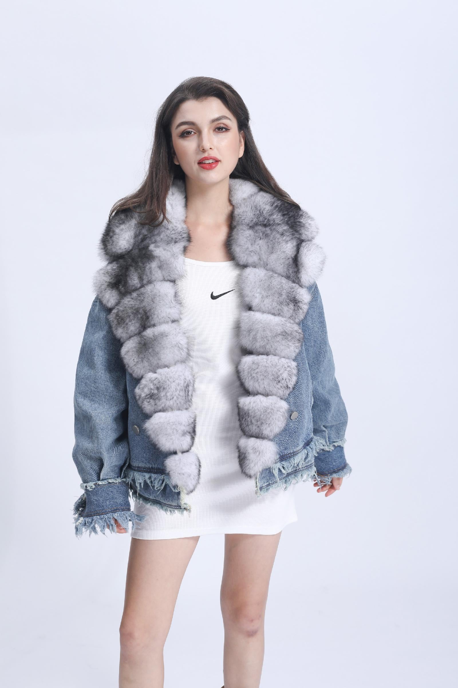 Women's Denim Jacket Leather Large Fox Fur Collar Winter Luxury Coat Fluffy Jacket Denim Blue Down Outerwear - Janefur
