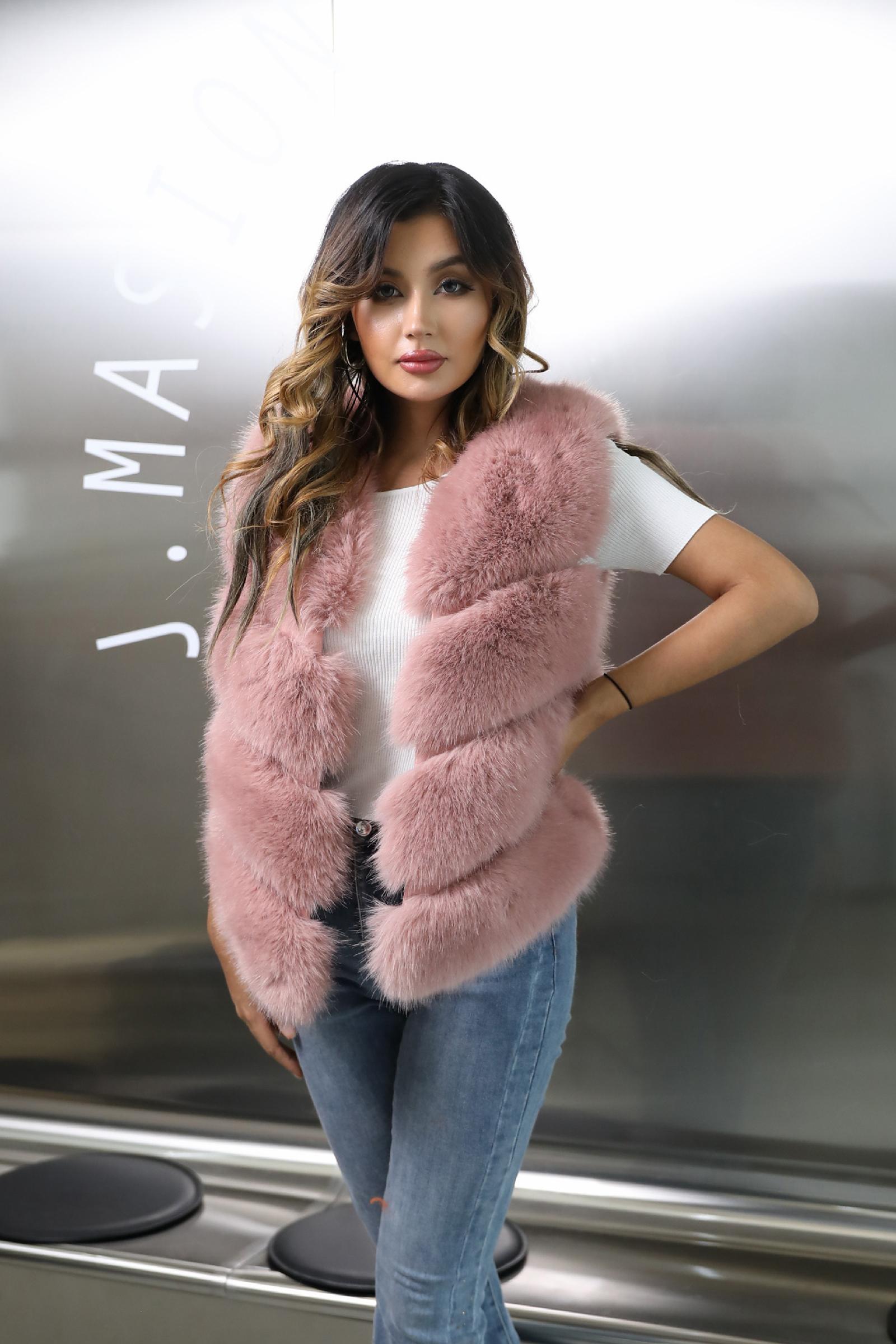 Women's Spring and Autumn Diagonal Striped Faux Fur Vest Solid Color Eco Fur Waistcoat - Janefur