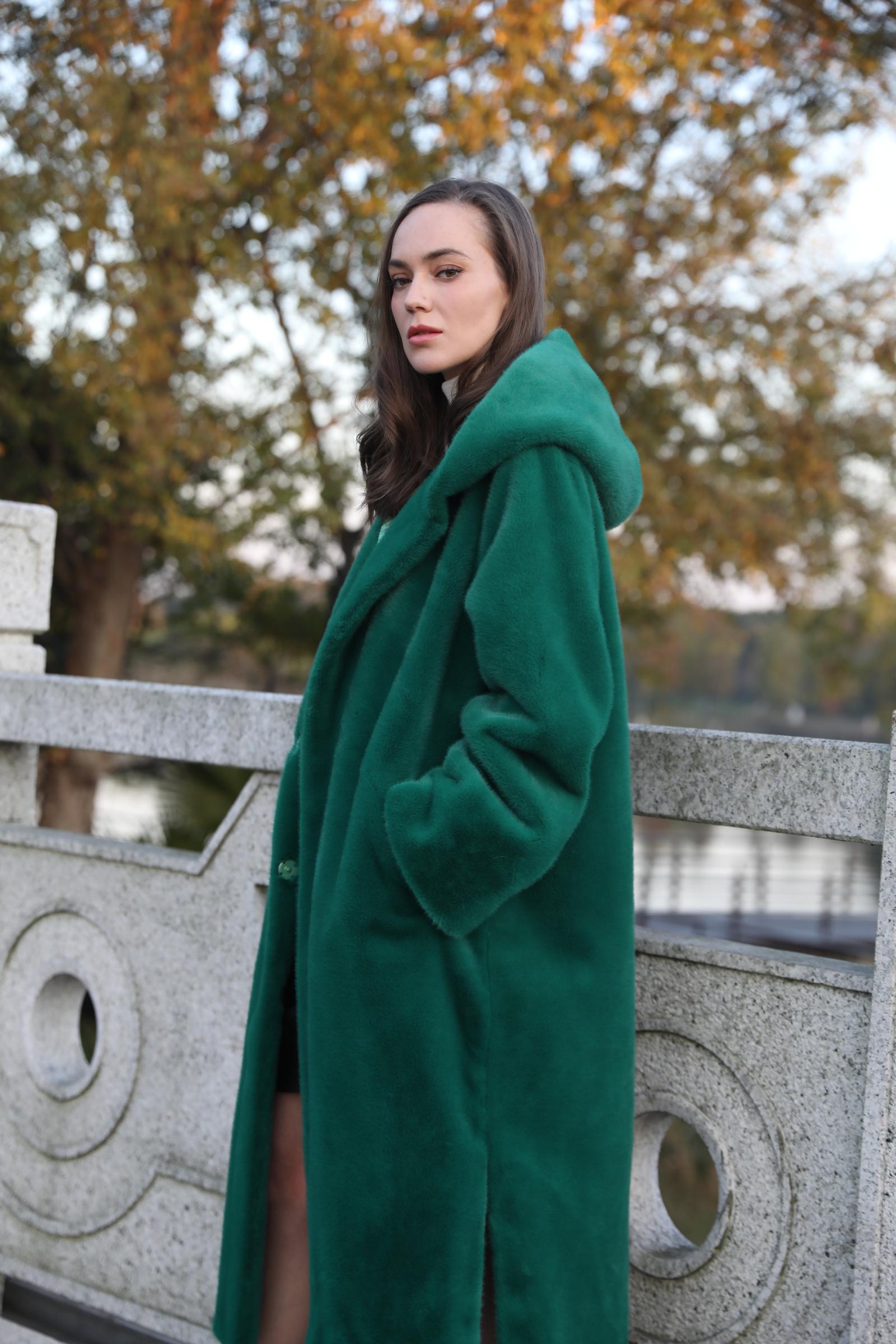 Women's Winter Fashion Windproof Hooded Pure Color Imitation Mink Eco Fur Coat - Janefur