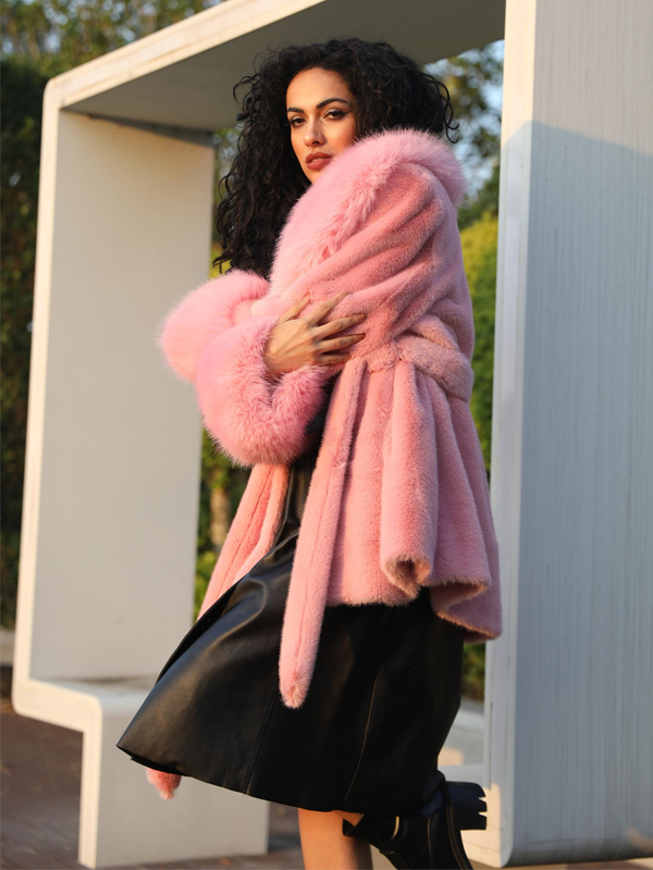 Eco-friendly Mink Fur Faux Mink Fur Shawl Collar Skirt Hem Women's Winter Coat - Janefur