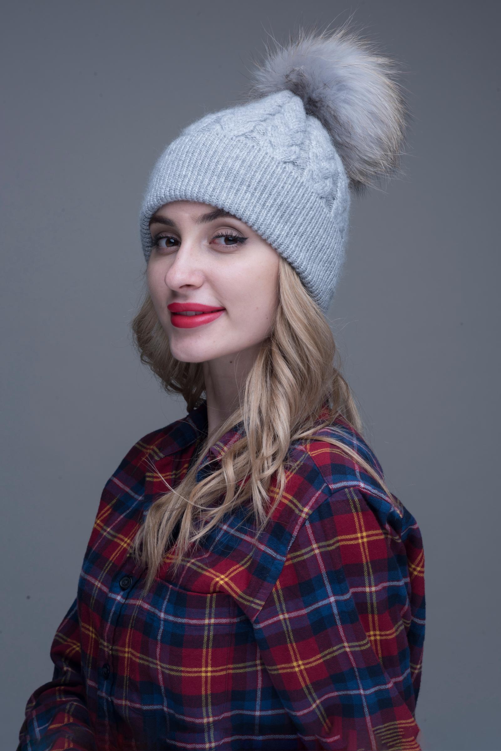 Ladies Beanie Hat Angora Knitted Raccoon Fur Pom Pom Warm Hat - Janefur
