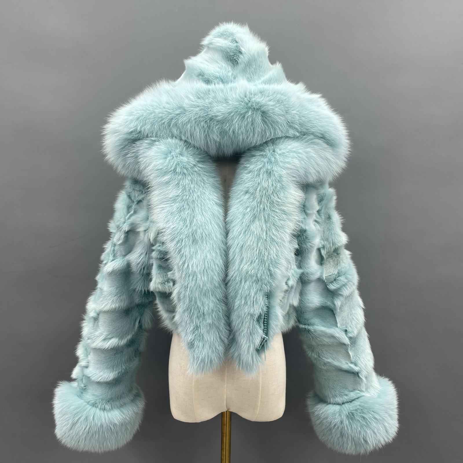 Fox Fur Coat for Women Luxurious Fox Fur Placket Hooded Zippered Jacket - Janefur