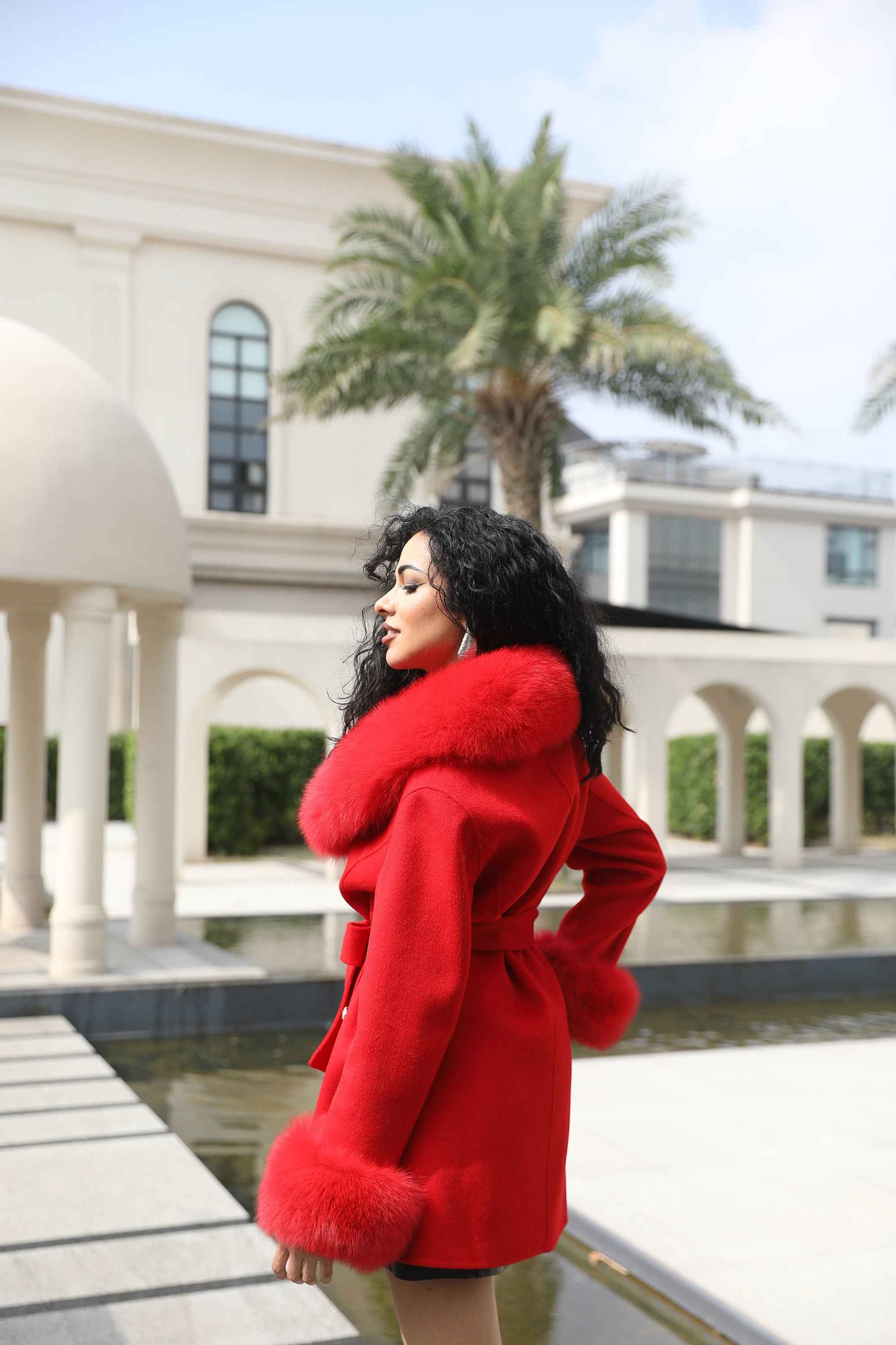 Women's Red Wool Belted Coat with Fox Fur Collar and Cuffs Trim, Elegant Long Winter Jacket for Casual Outfits