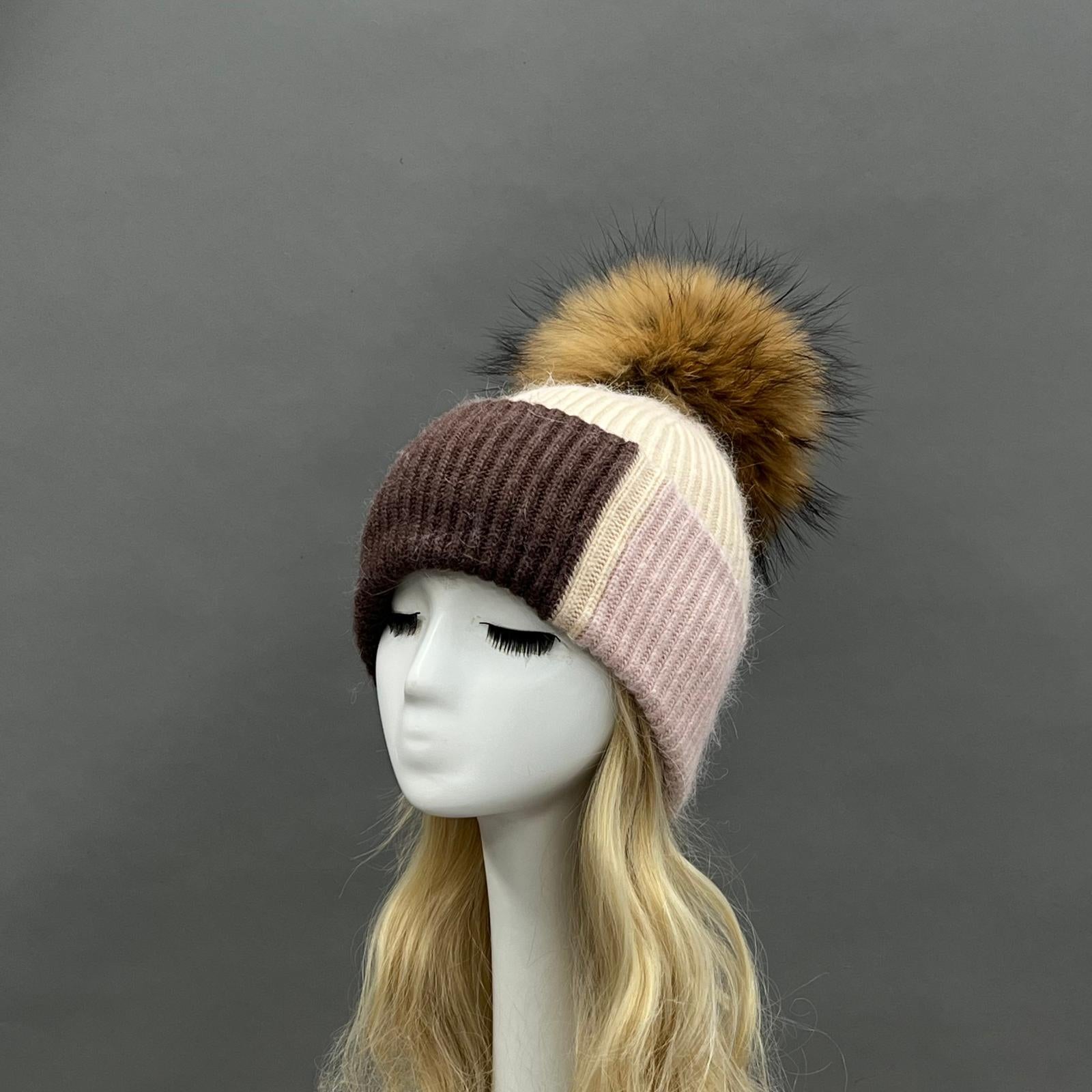 Women's Color-Blocked Trendy Rabbit Fur Hat with Pom Poms for Warmth - Janefur
